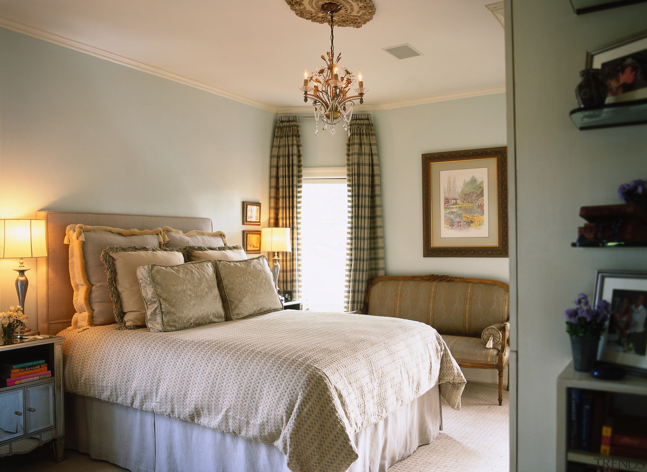 view of the master bedroom featuring custom designed bed frame, bedding, bedroom, ceiling, estate, home, interior design, property, real estate, room, wall, window, window treatment, gray