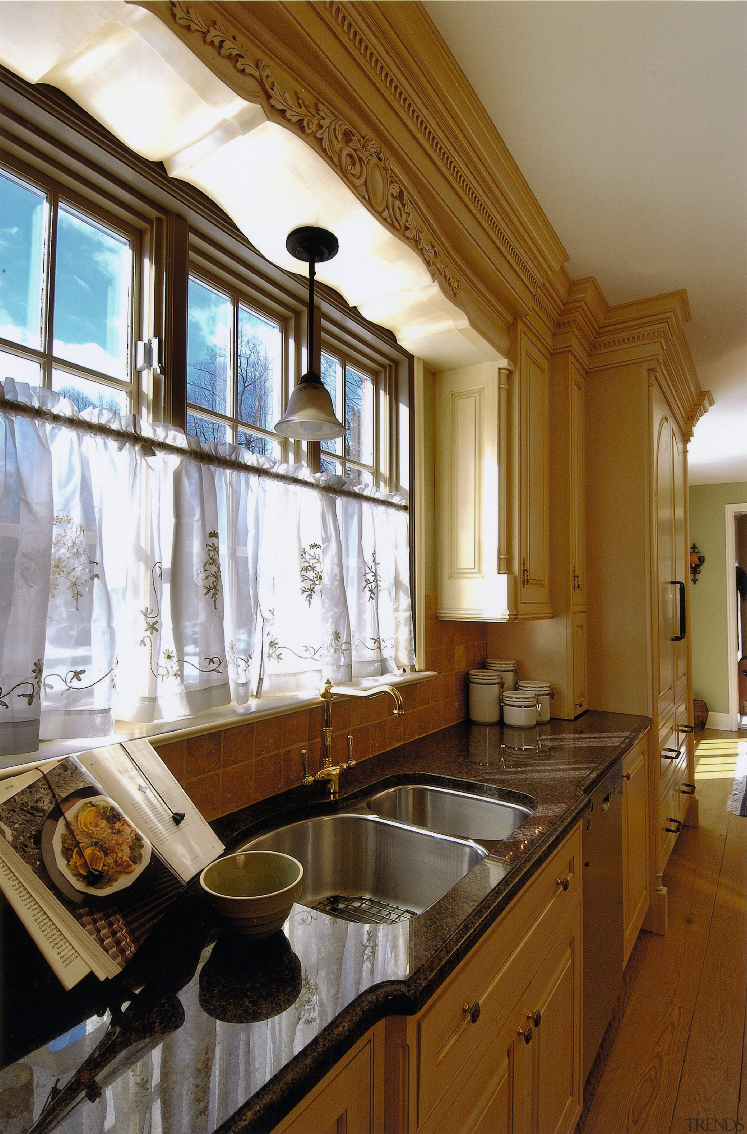 View of the counter area - View of ceiling, countertop, cuisine classique, estate, home, interior design, kitchen, real estate, room, window, brown