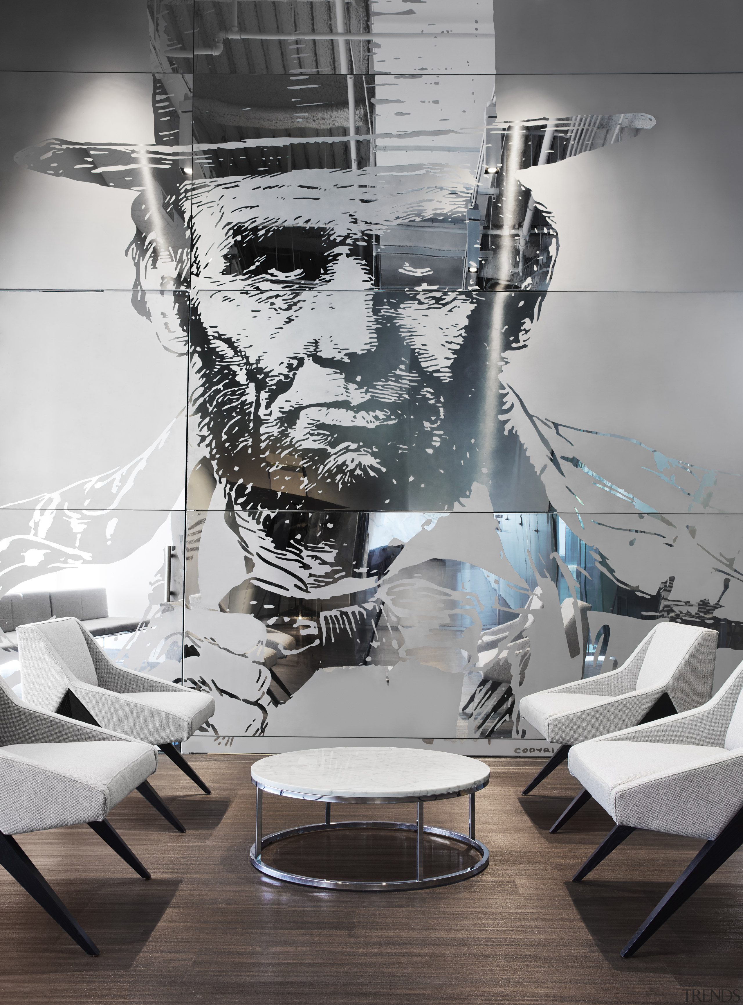 This mural on the wall of the Chicago black and white, chair, design, furniture, interior design, table, Mural wall,  Chicago Tribune, Office fitout, Eastlake Studios