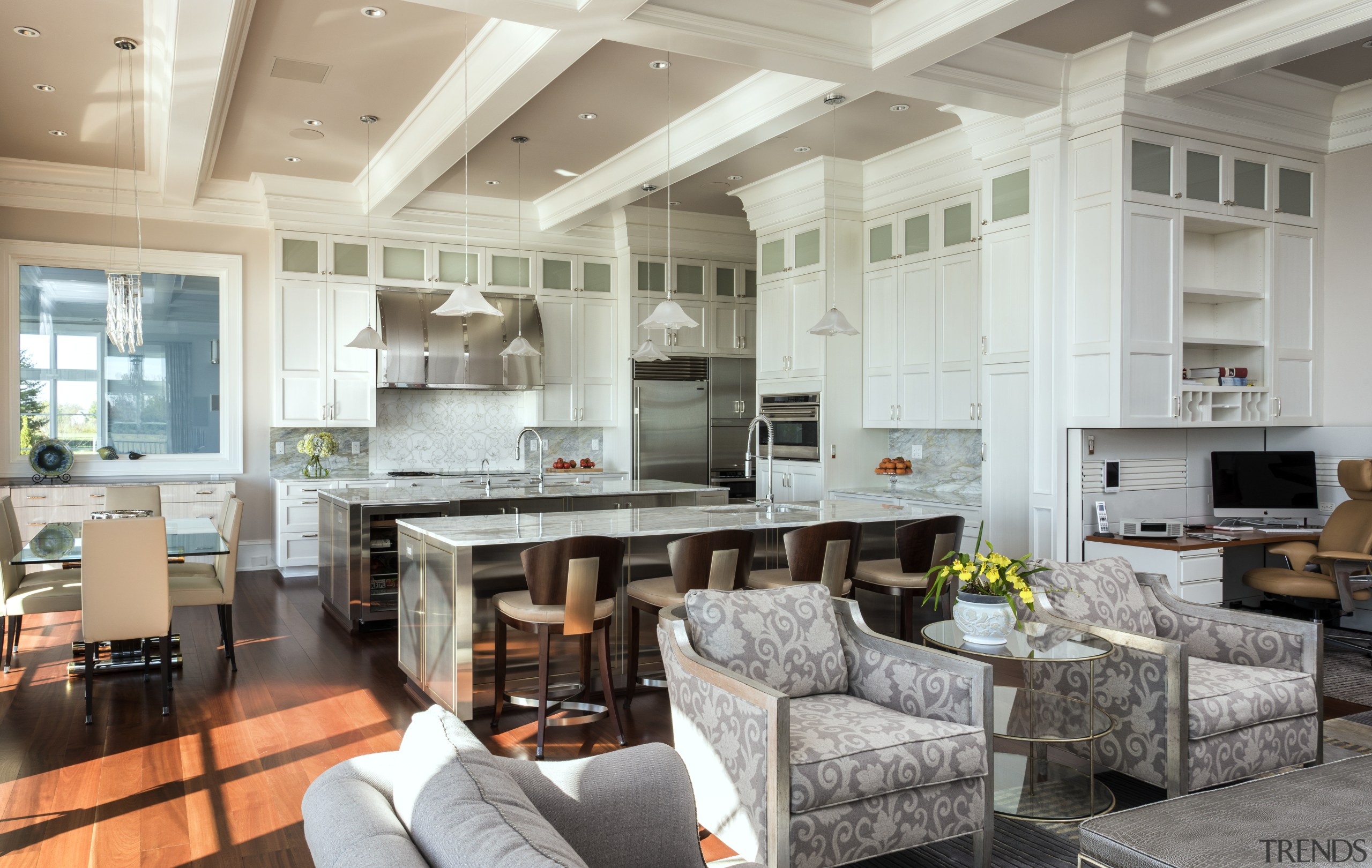 This kitchen by designer Shirley McFarlane has a ceiling, countertop, home, interior design, kitchen, living room, real estate, room, gray