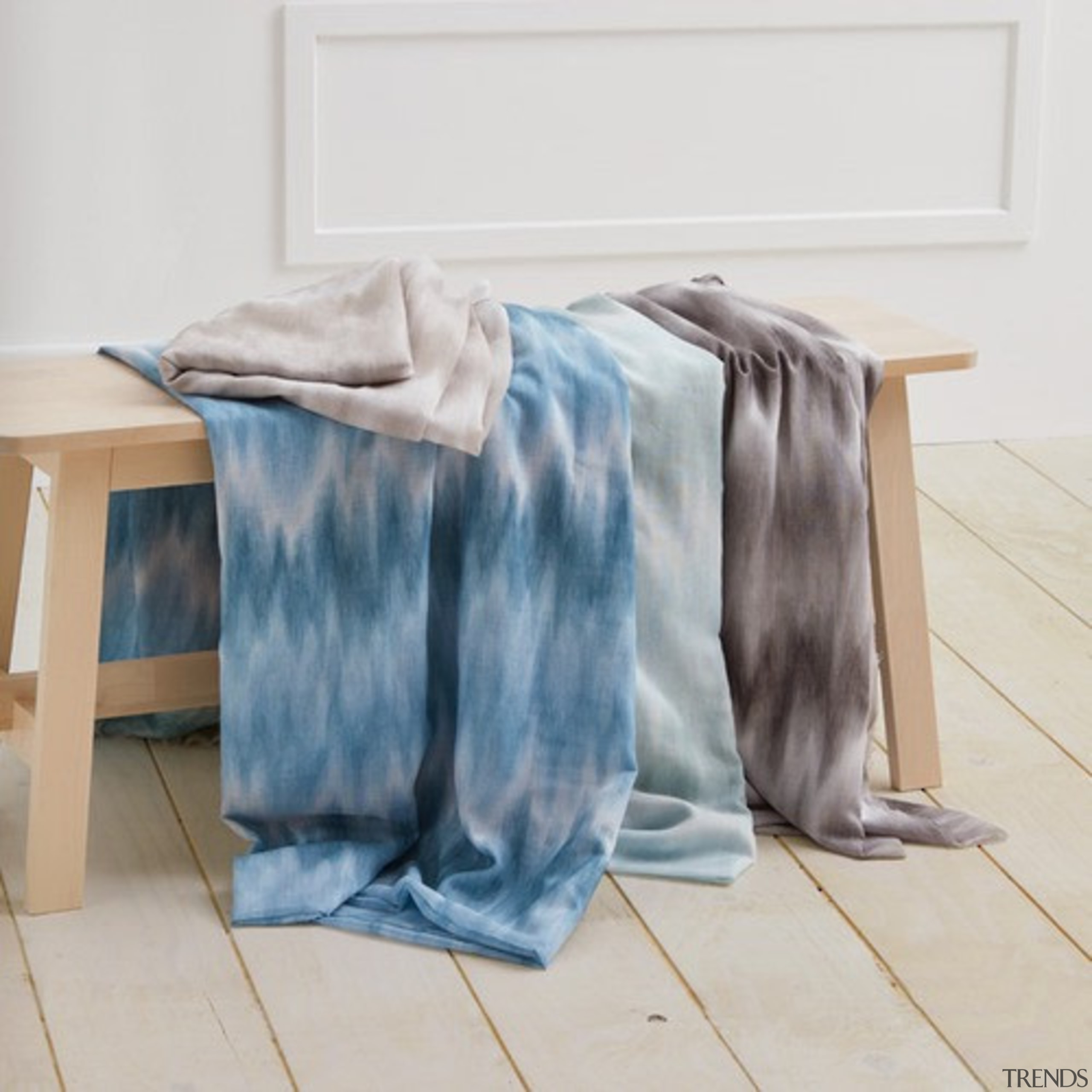 Serene and timeless, COAST combines a stylish ombre furniture, linens, material, textile, white