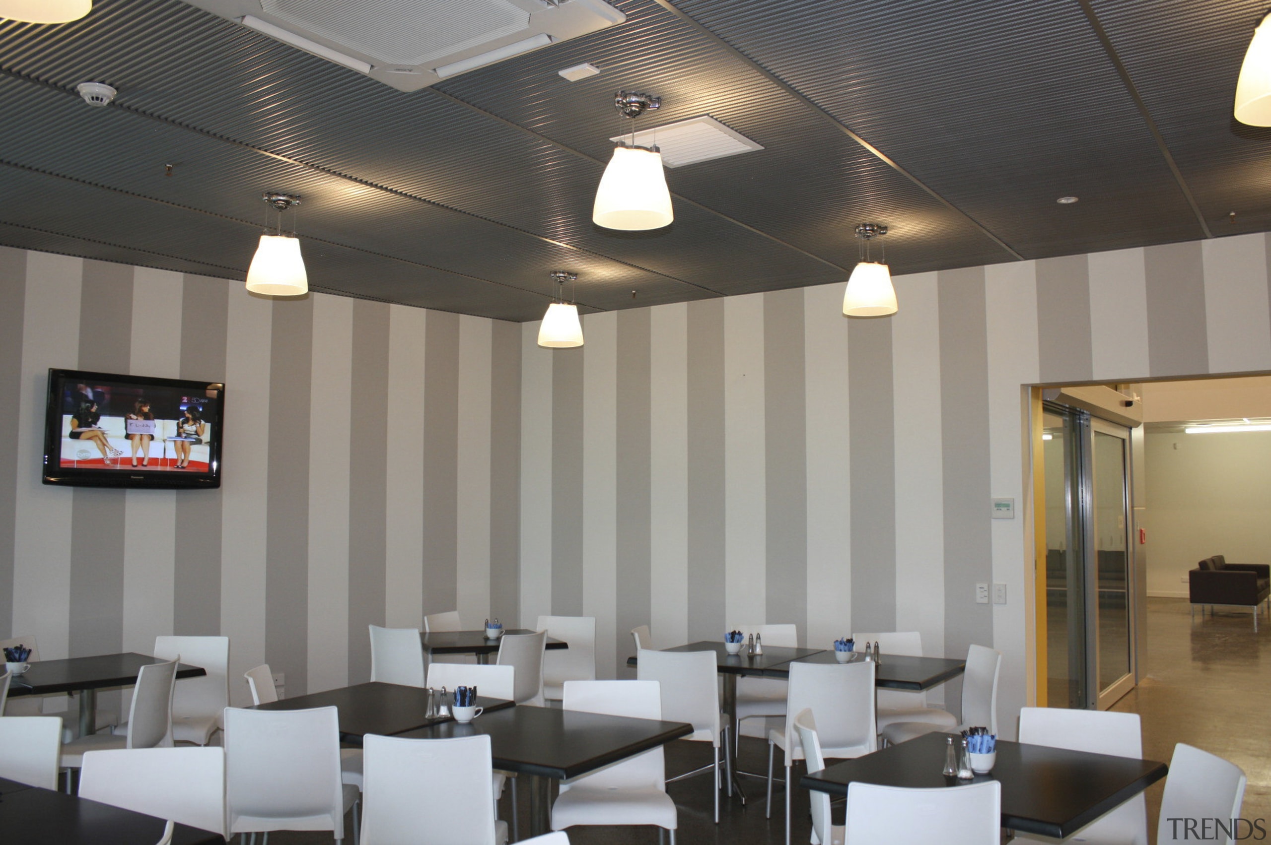 View of the TSB sports hub in Hawera, ceiling, conference hall, function hall, interior design, restaurant, table, gray, black