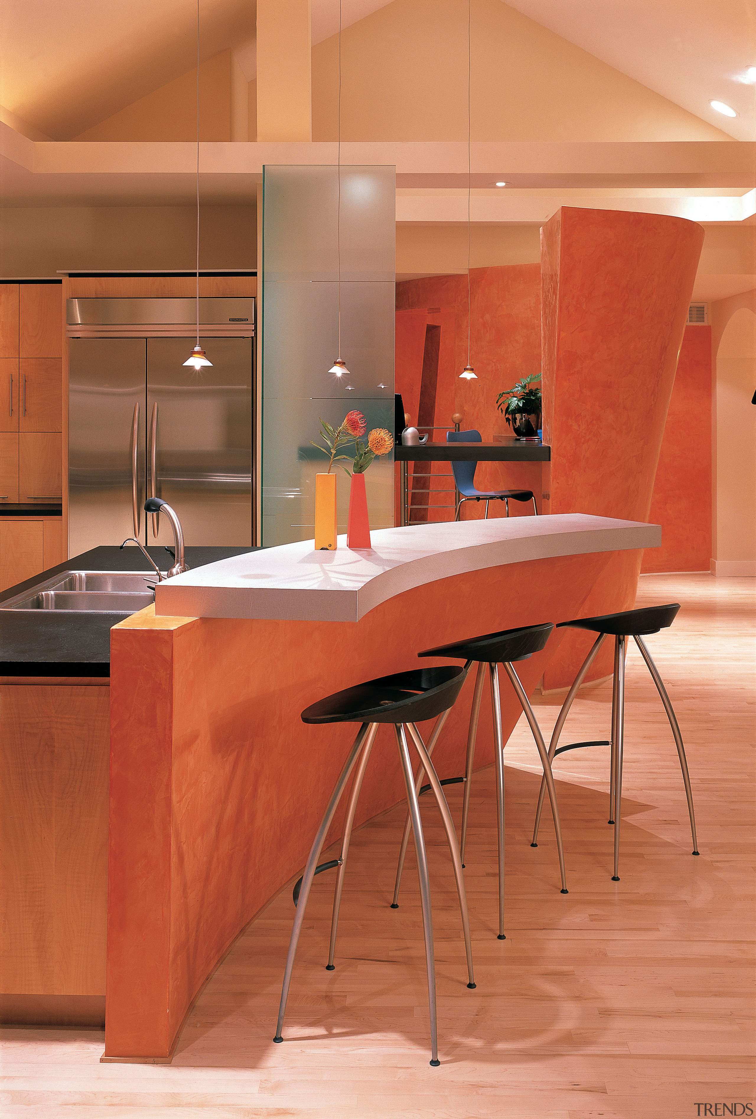 Close view of the breakfast bar - Close architecture, cabinetry, chair, countertop, floor, flooring, furniture, hardwood, interior design, kitchen, product design, table, wood, wood flooring, orange