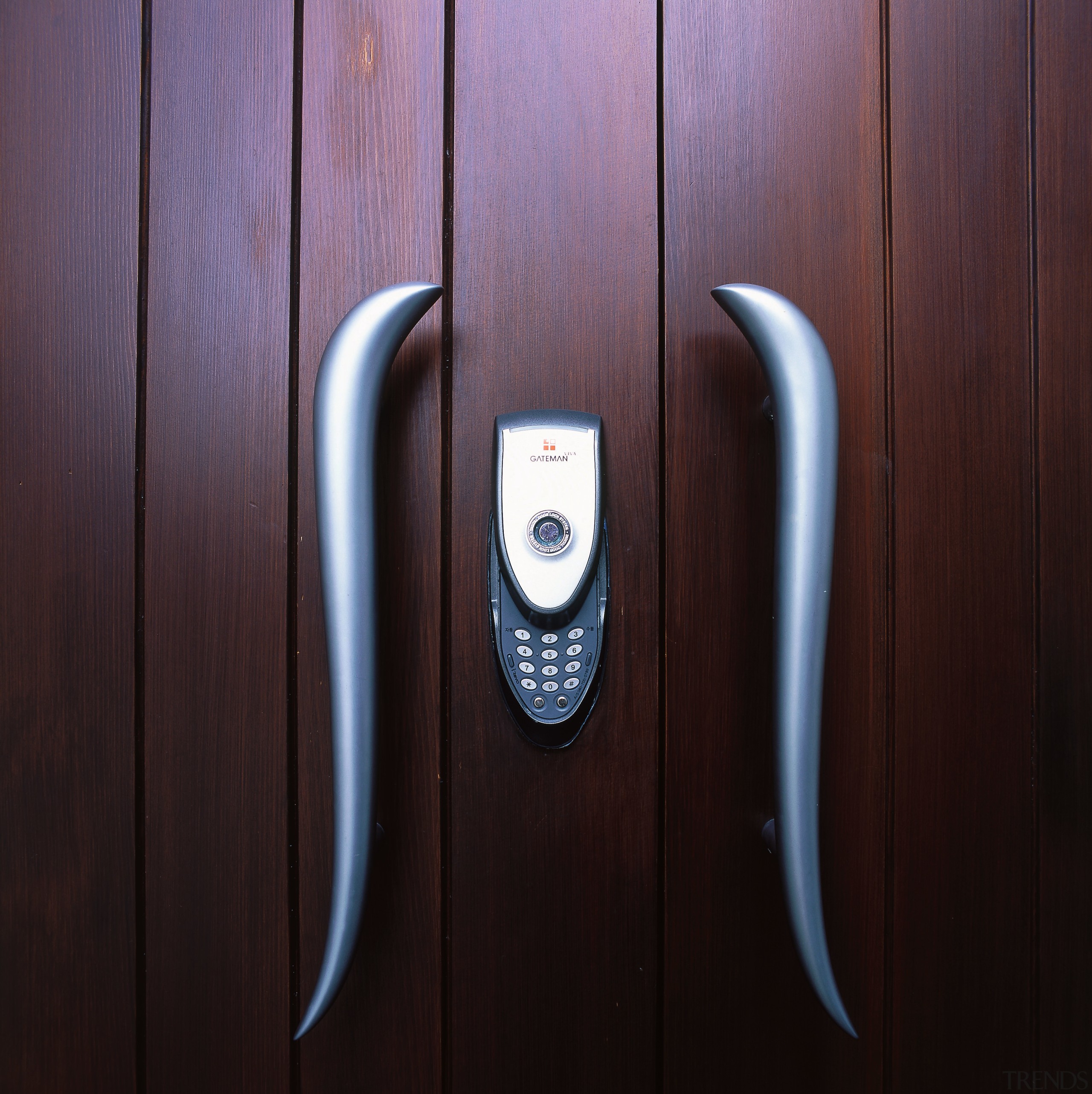 Cloe up view of a wooden front door door handle, product design, black