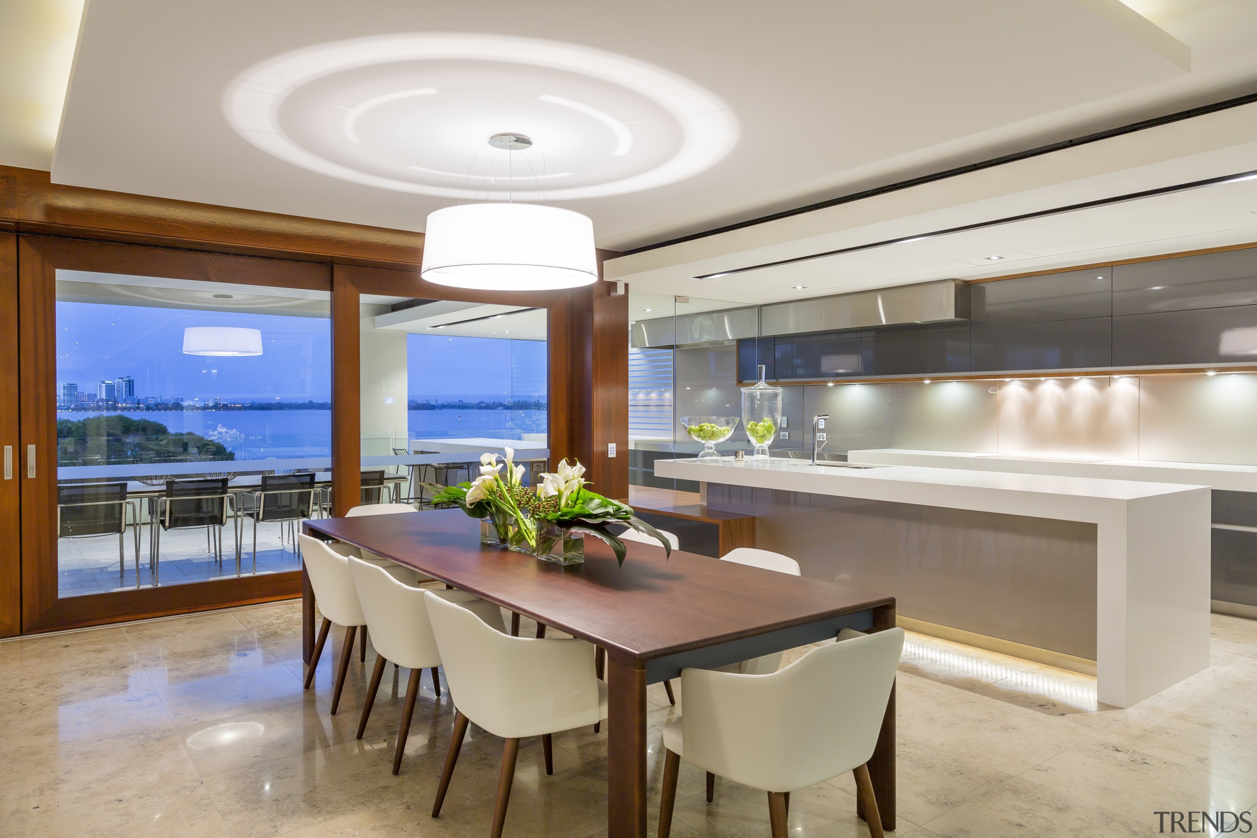 With connecting glass sliding walls, occupants of this ceiling, dining room, estate, interior design, kitchen, real estate, gray