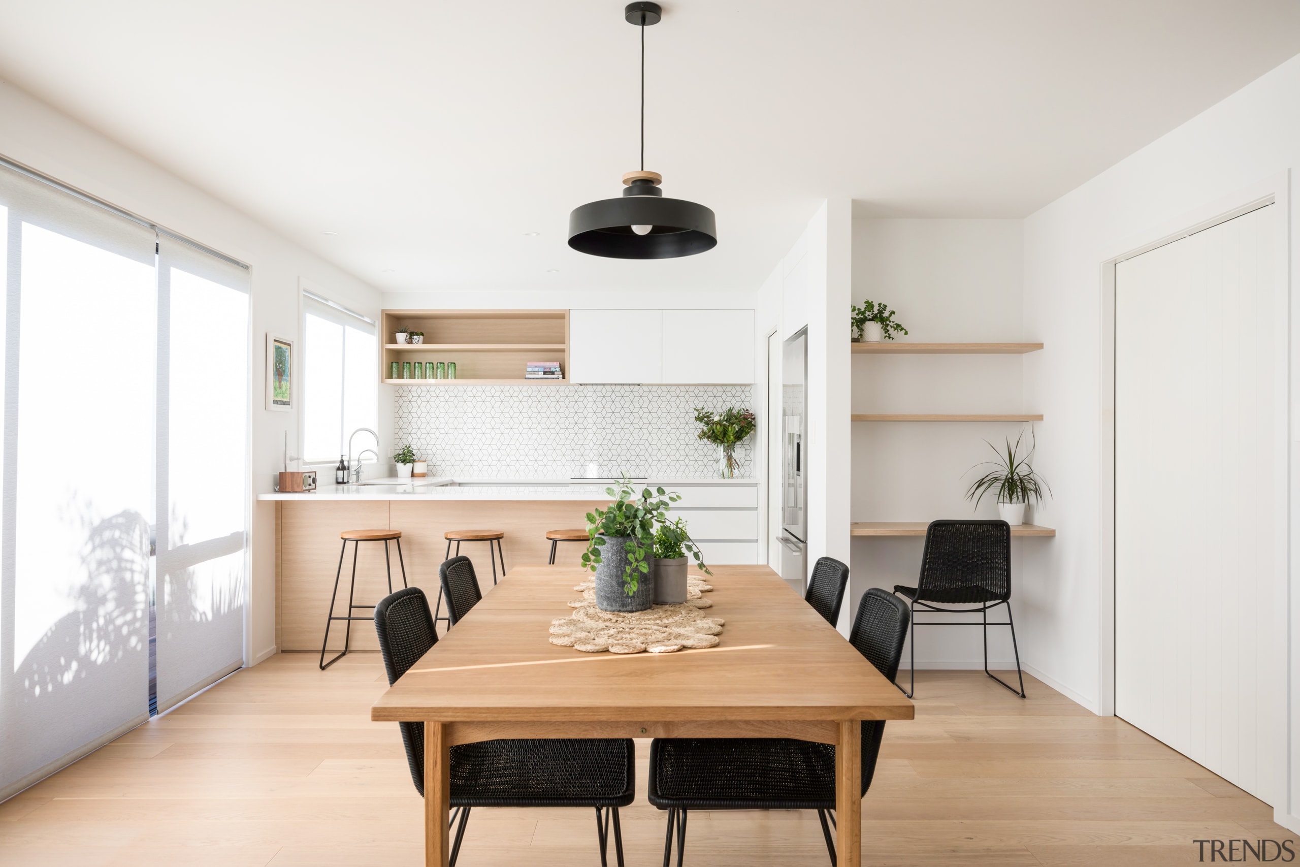 Lightly coloured timber floors with minimal knots, feature dining room, furniture, interior design, room, table, white