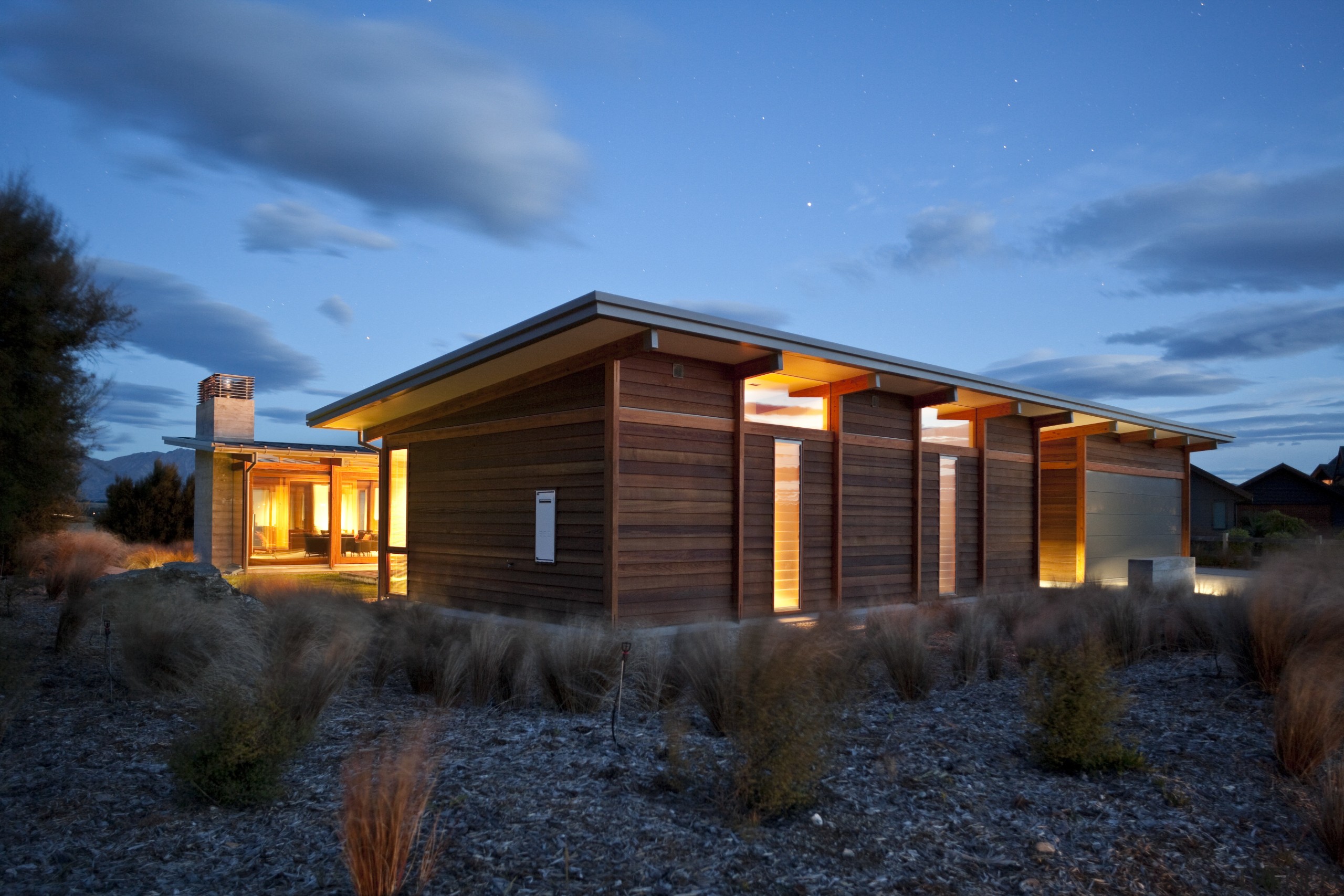 View of holiday home designed by Architect Regan architecture, cloud, cottage, estate, evening, facade, home, house, landscape, lighting, property, real estate, residential area, shed, sky, black, teal