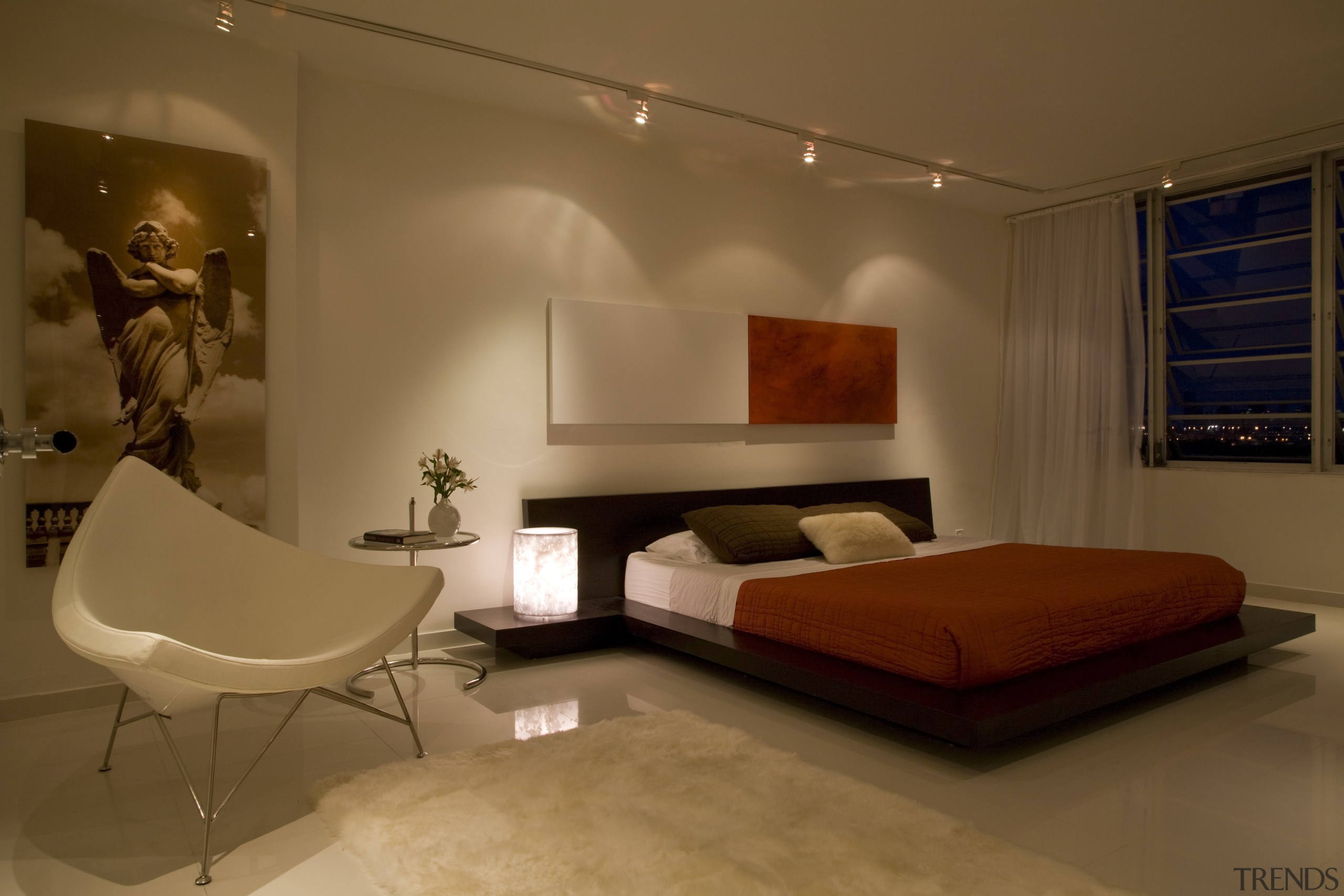 The master bedroom continues the sleek, contemporary look, architecture, bed, bedroom, ceiling, floor, furniture, home, interior design, lighting, living room, room, suite, wall, brown