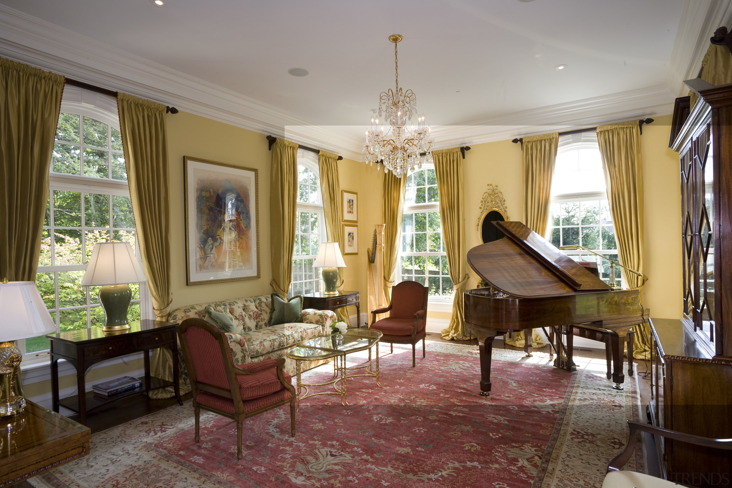 View of the music room with grand piano, ceiling, dining room, estate, home, house, interior design, living room, property, real estate, room, window, gray, brown