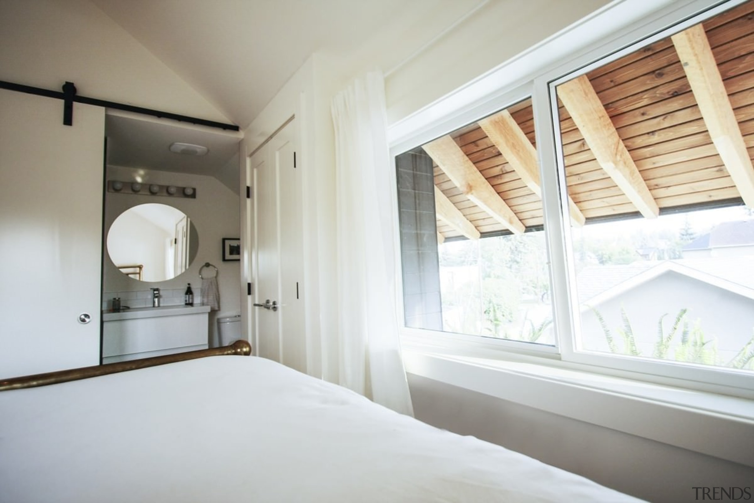 A wood soffit adds texture outside the bedroom, architecture, bedroom, ceiling, daylighting, estate, home, house, interior design, property, real estate, room, window, window covering, white, gray