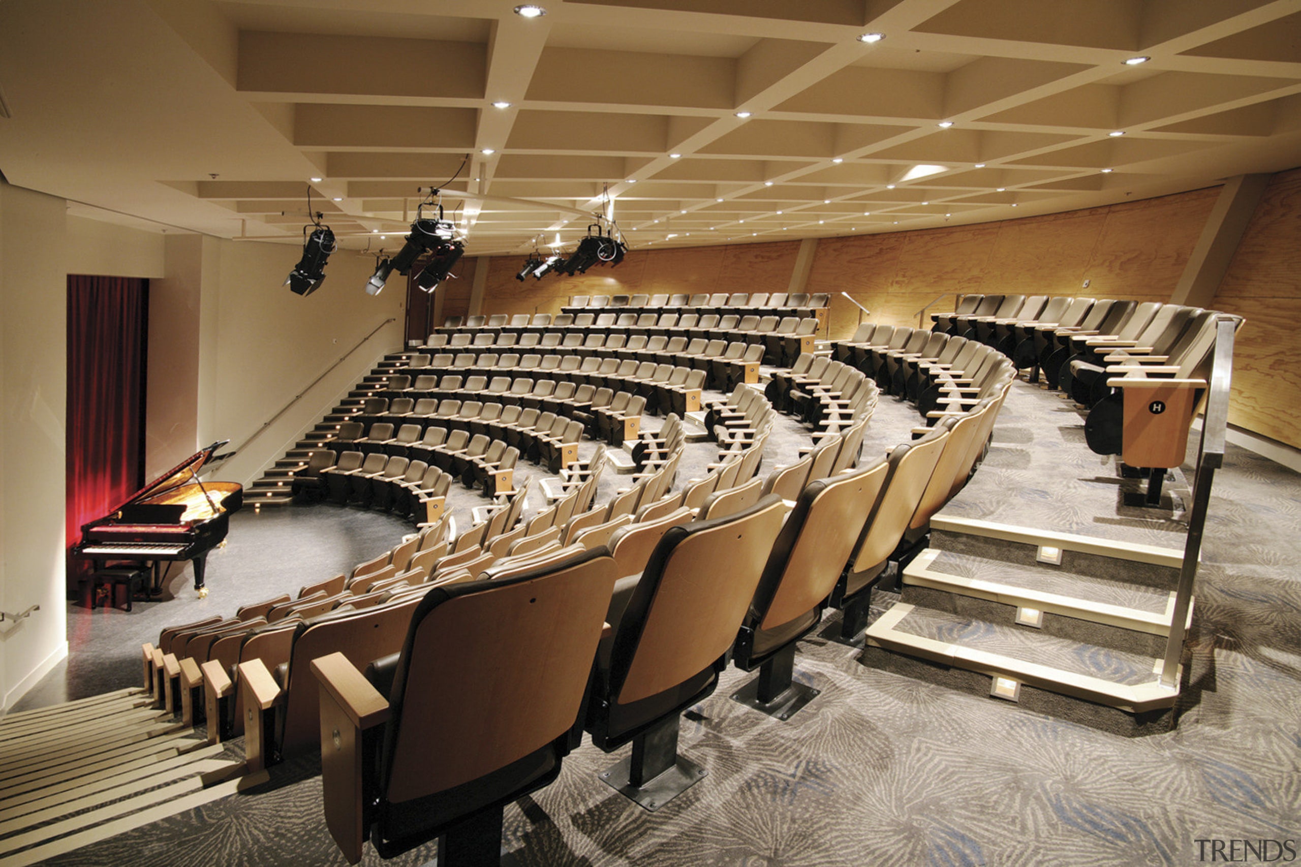 View of Auckland's Muesum's Grand Atrium, with many auditorium, conference hall, musical instrument accessory, performing arts center, brown