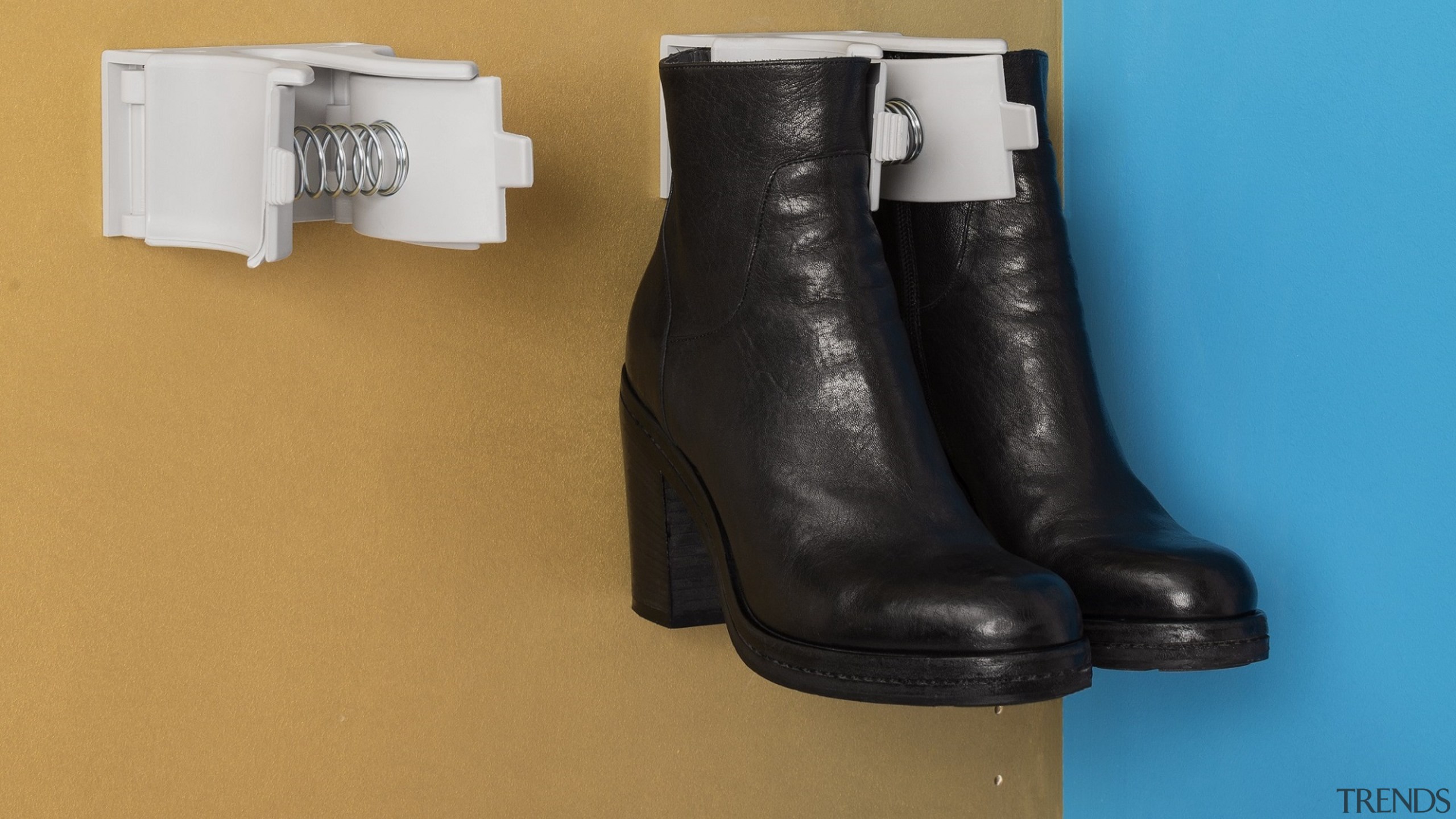 Ambos boot hanger mounts on wall or under boot, footwear, product, shoe, orange