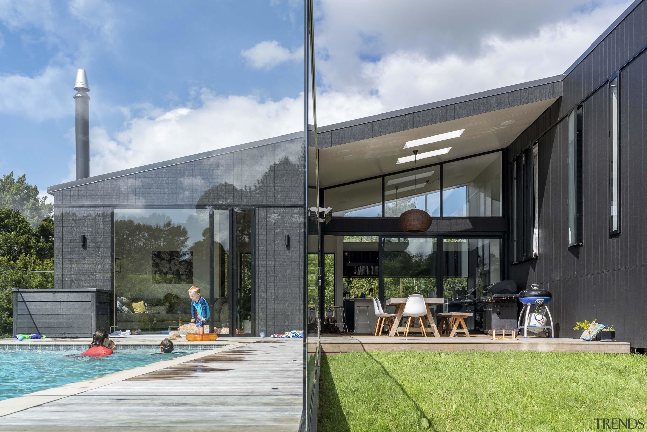 Matt-black Weathertex cladding allows the angular form to 