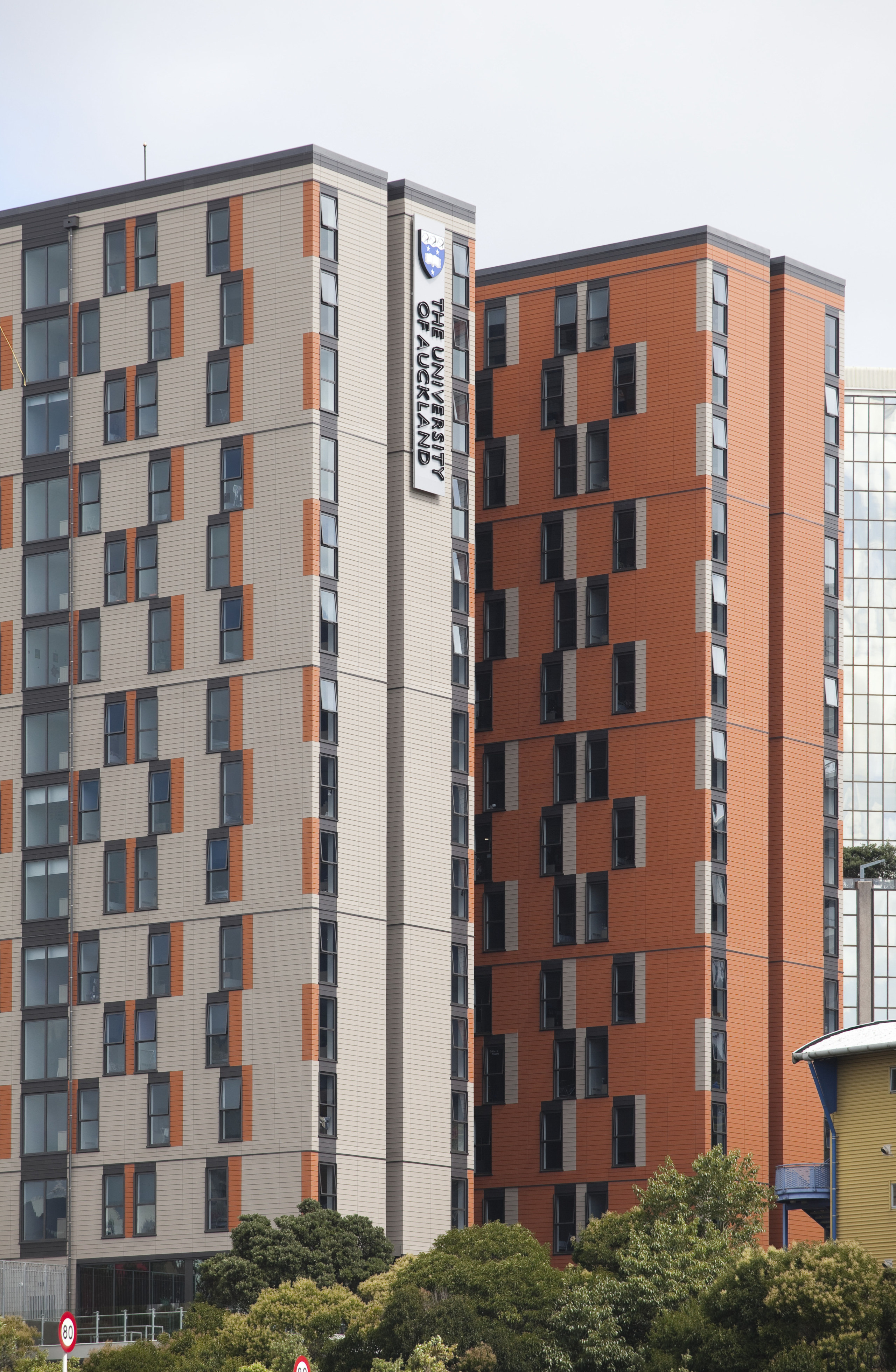 View of exterior with orange wall. - View apartment, architecture, building, commercial building, condominium, corporate headquarters, facade, house, mixed use, neighbourhood, real estate, residential area, tower block, urban area, gray
