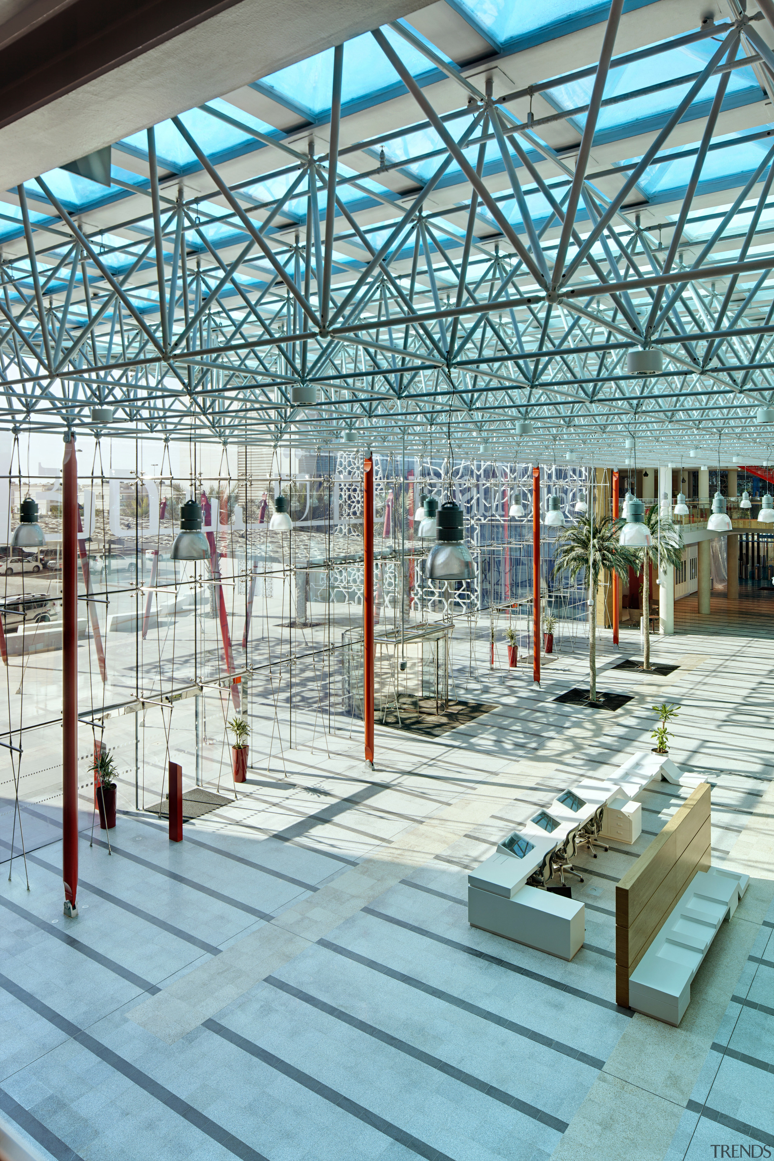 View down to floor below with striped flooring daylighting, leisure, leisure centre, structure, teal