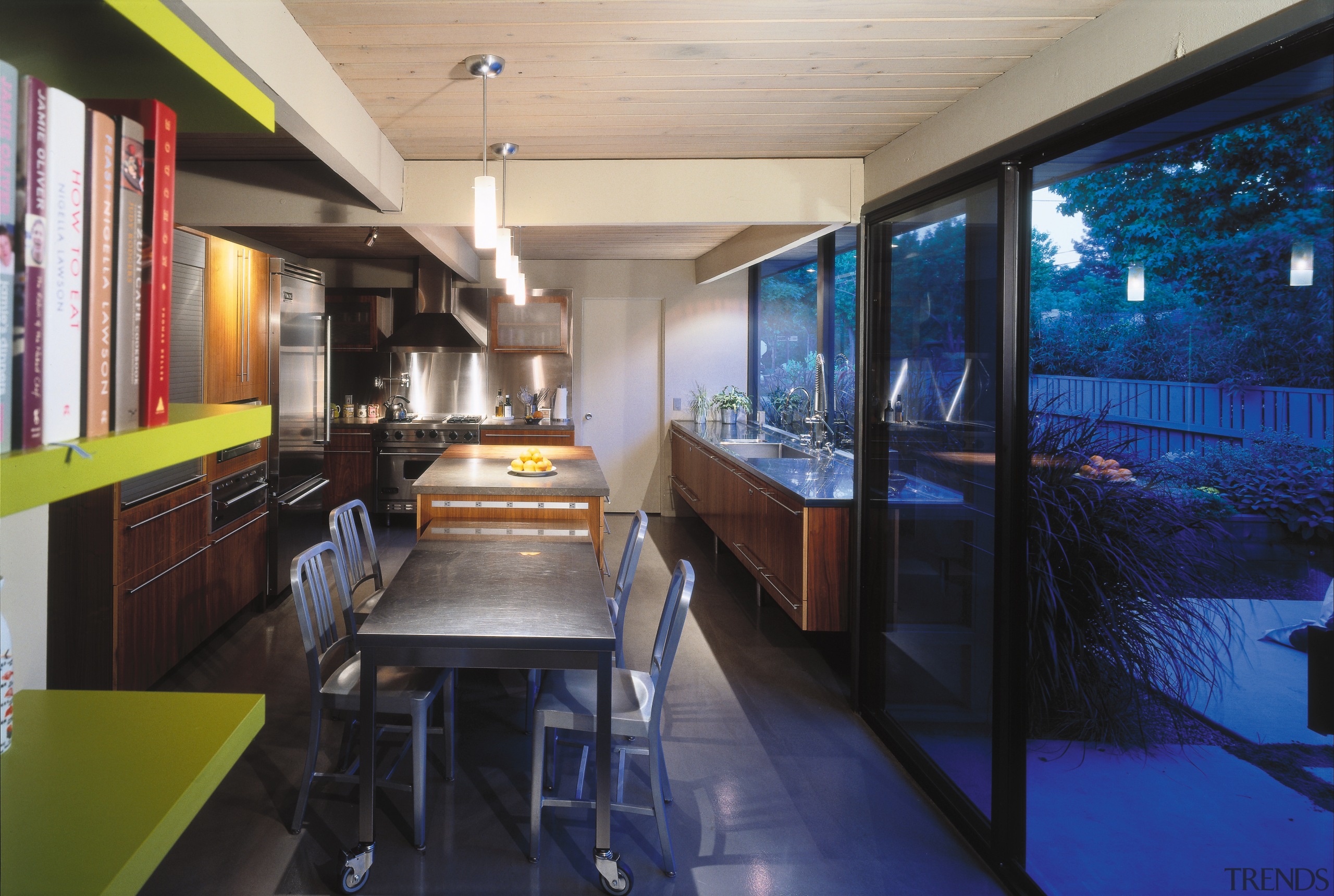 A view of a kitchen designed by Baum architecture, interior design, real estate, restaurant, black, blue