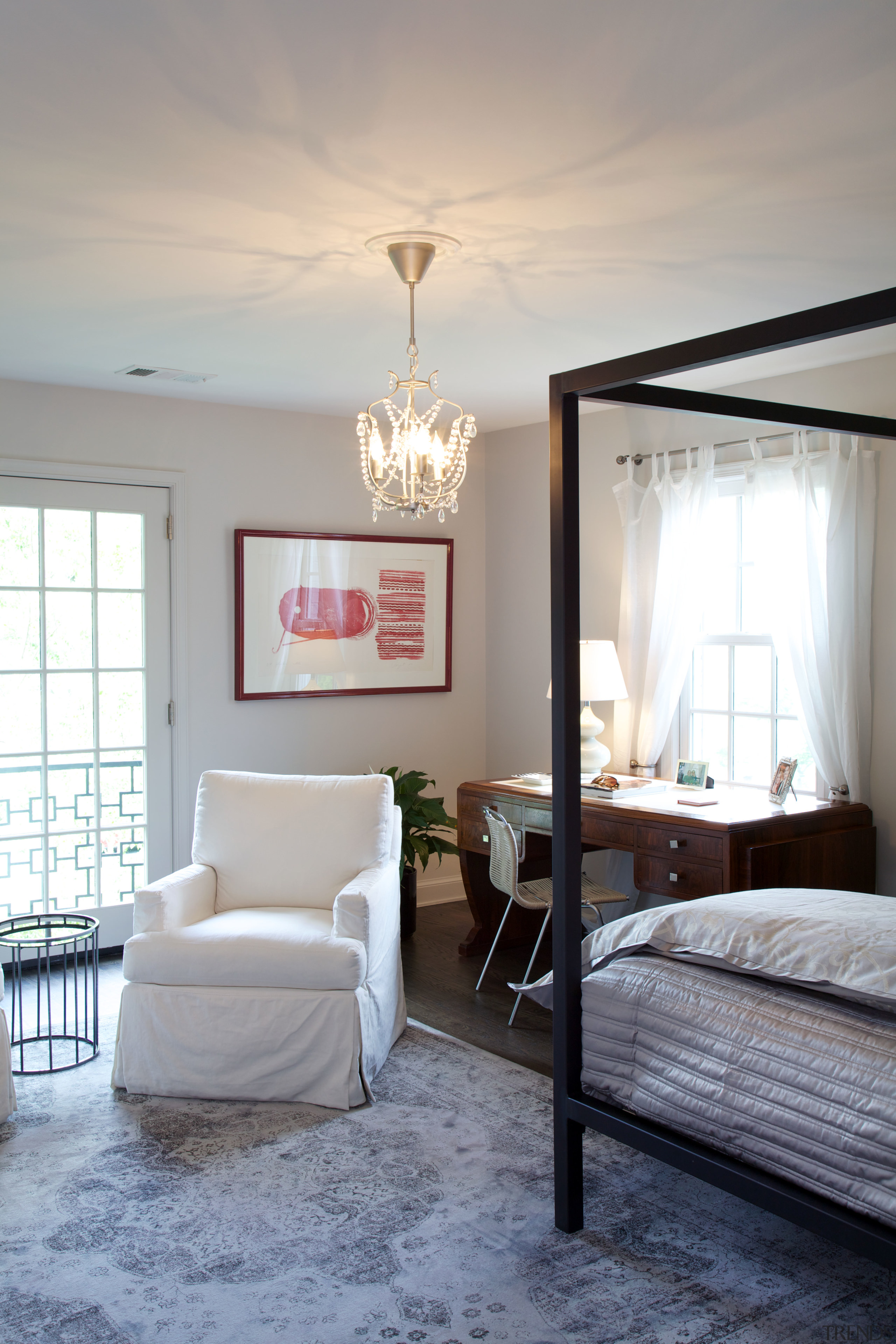 Texture, patterned elements and color accents enliven the bed frame, bedroom, ceiling, furniture, home, house, interior design, light fixture, living room, real estate, room, table, wall, window, gray