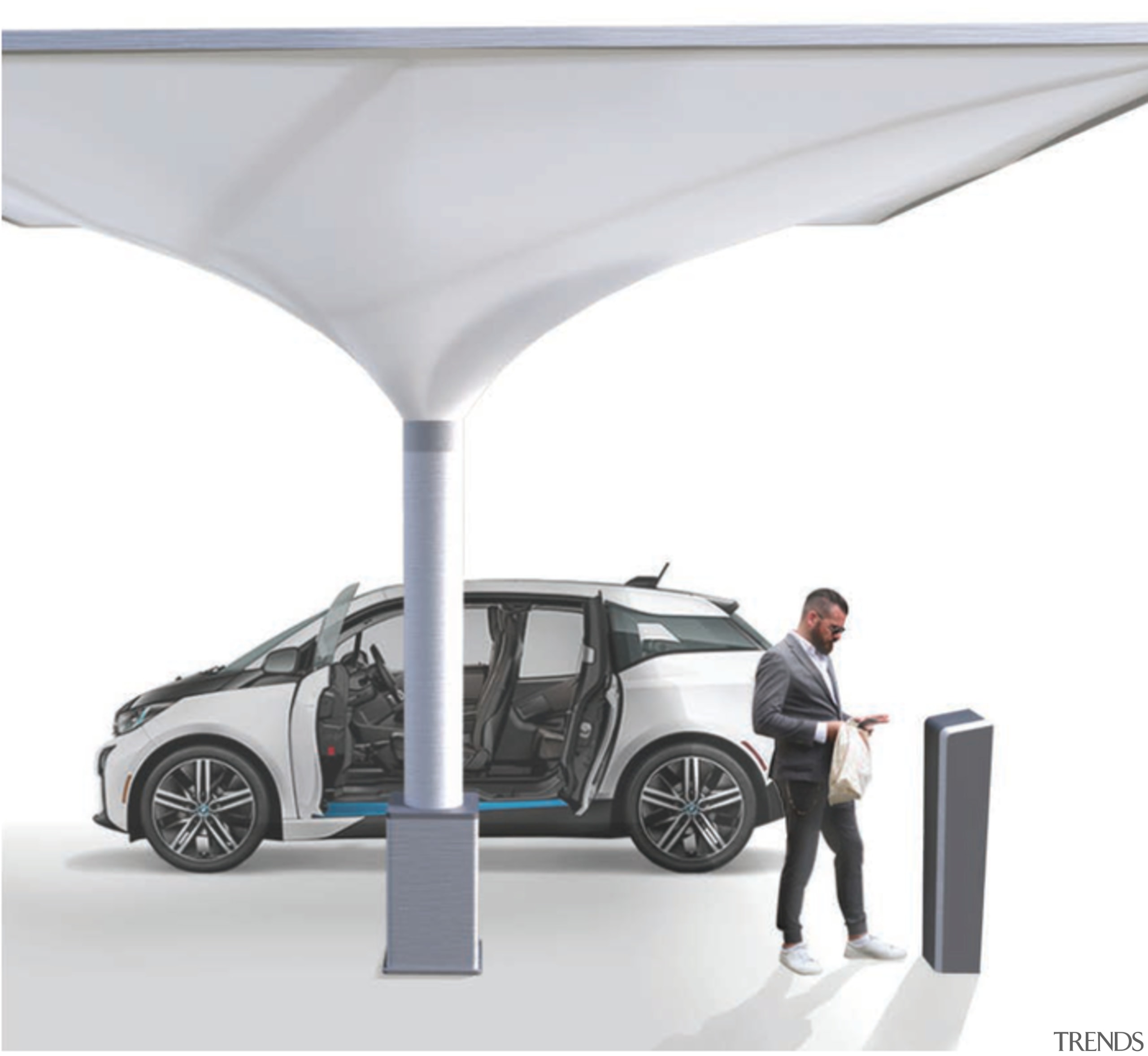 With integrated fast chargers, the solar carport can charge a automotive design, automotive exterior, car, mode of transport, motor vehicle, product, transport, vehicle, vehicle door, white