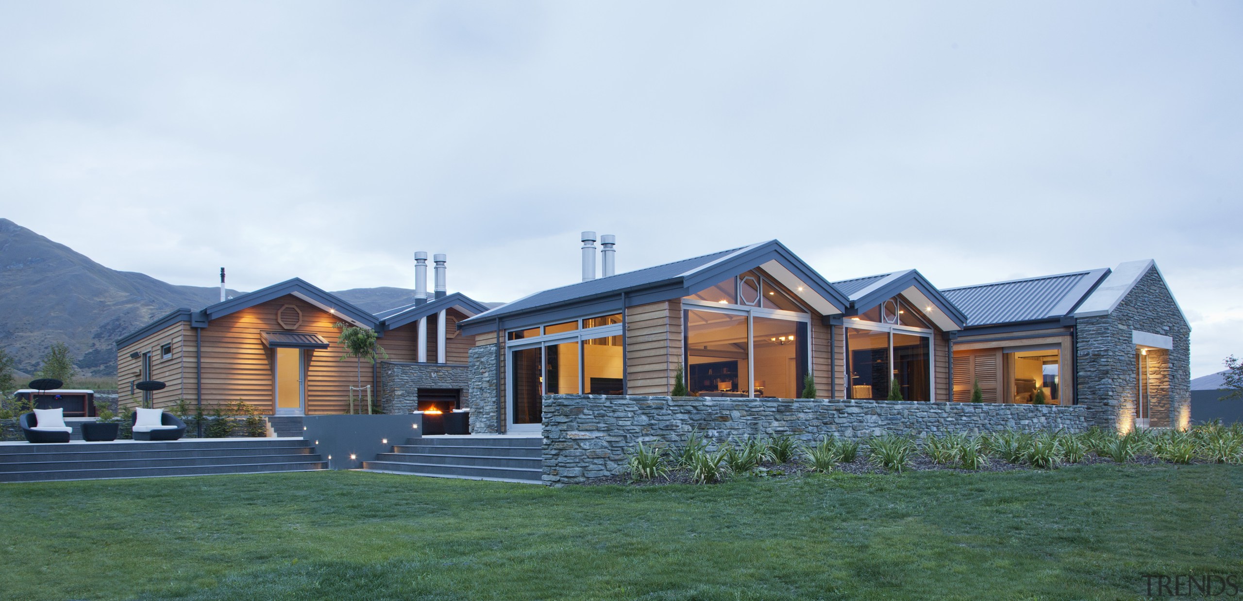 exterior, gabled roofs, timber cladding, stone surrounds cottage, elevation, estate, facade, farmhouse, home, house, property, real estate, residential area, roof, siding, sky, white, teal