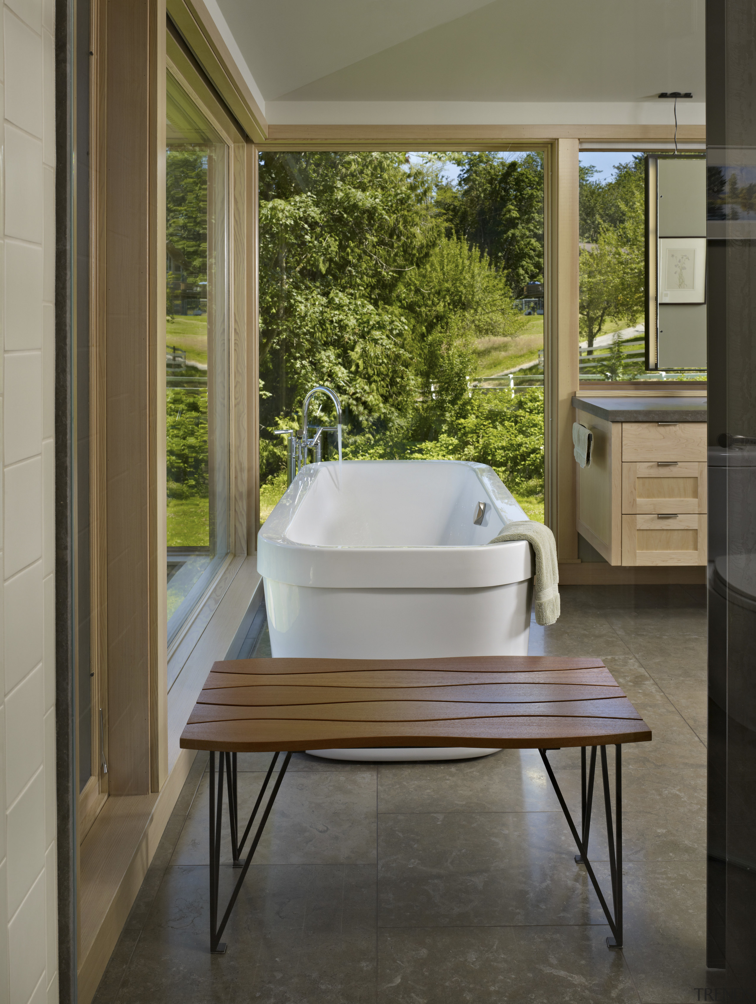 View of bathroom with wooden table and white bathroom, floor, home, interior design, sink, window, gray, brown
