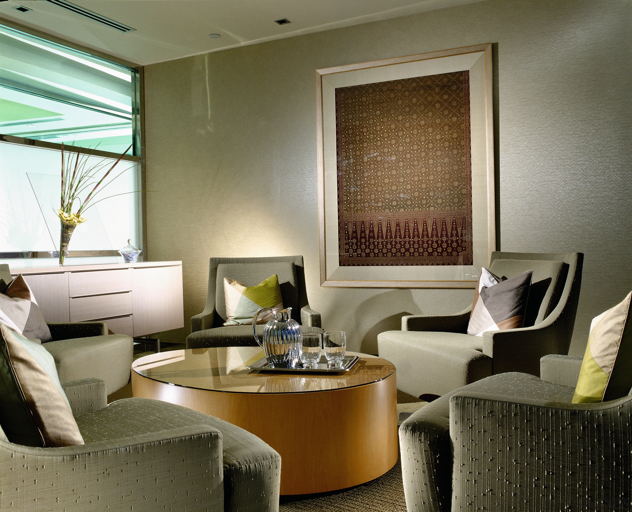 view of this casualrelaxed meeting room with comfy ceiling, interior design, living room, room, window, brown