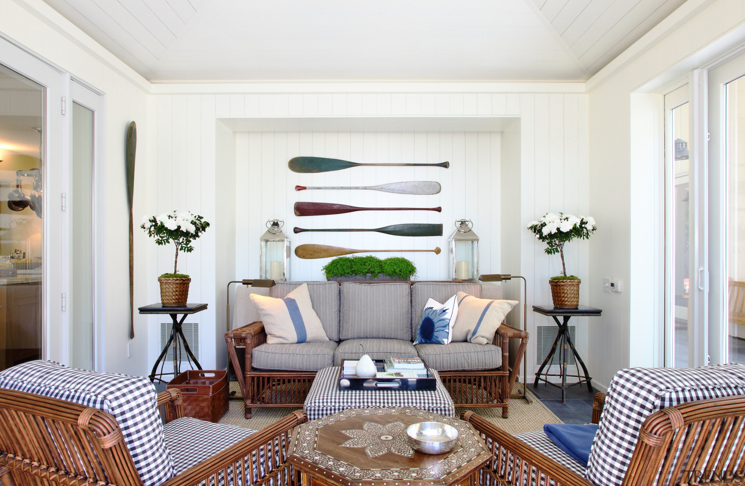 Lounge area with blue and white checked seats, ceiling, furniture, home, interior design, living room, real estate, room, window, white