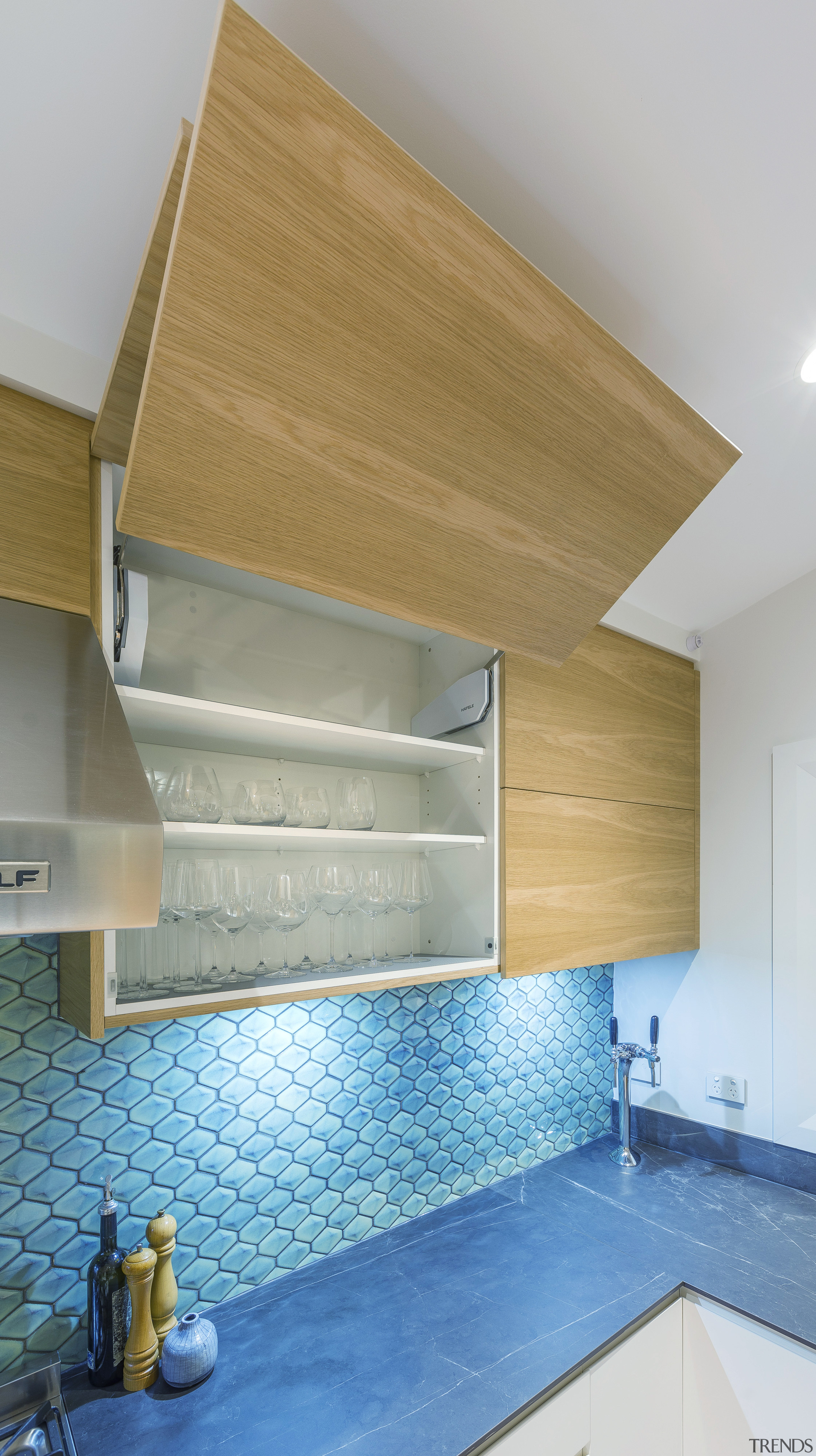Up and away – high-tech cabinetry hardware features interior design, shelf, shelving, Kira Gray, Kitchen Designer, splashback, timber