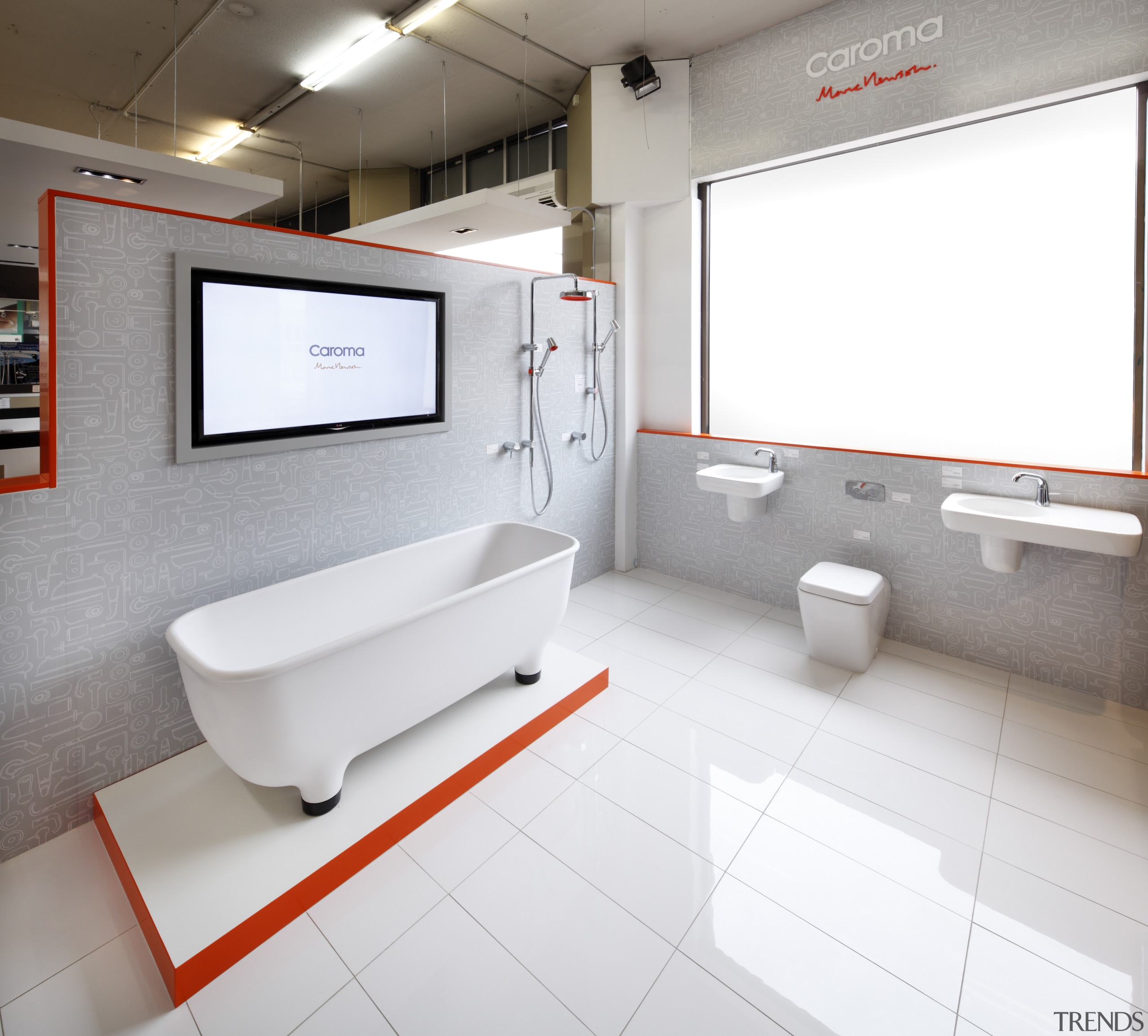 The 21-piece Caroma Marc Newson collection, by internationally bathroom, floor, flooring, interior design, plumbing fixture, product design, room, sink, tile, white