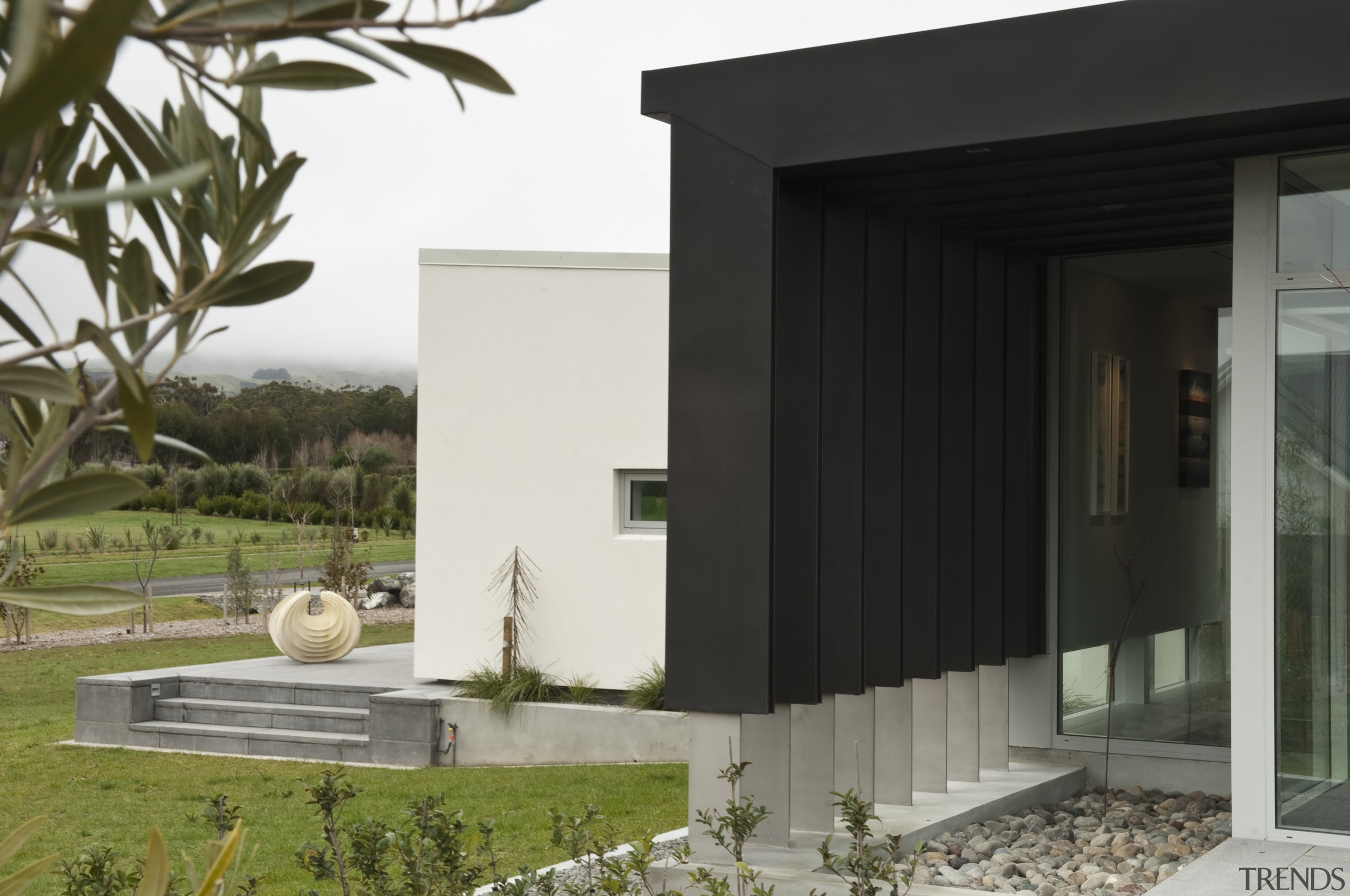 View of contemporary bach with terrace, sheltered courtyard architecture, facade, home, house, black