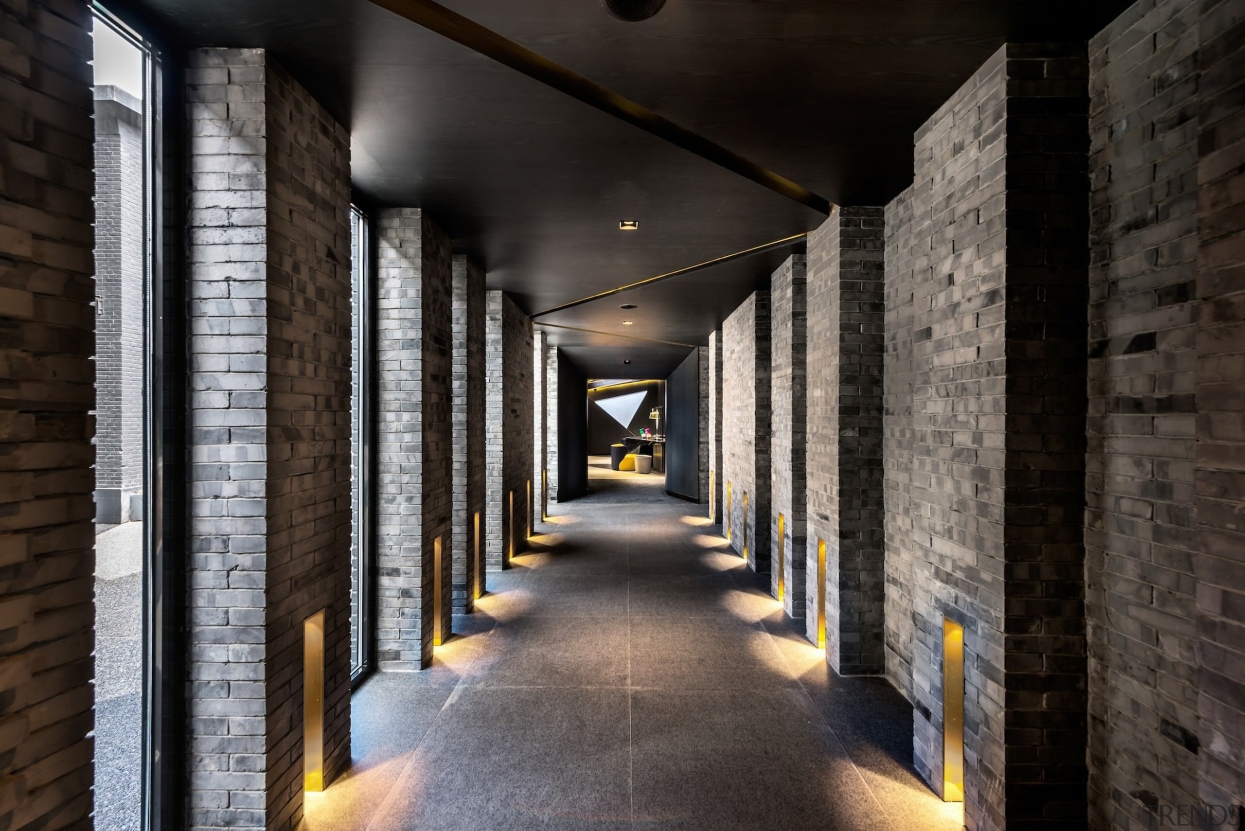 The spaces for lighting in this hallway look architecture, interior design, structure, wood, black, gray