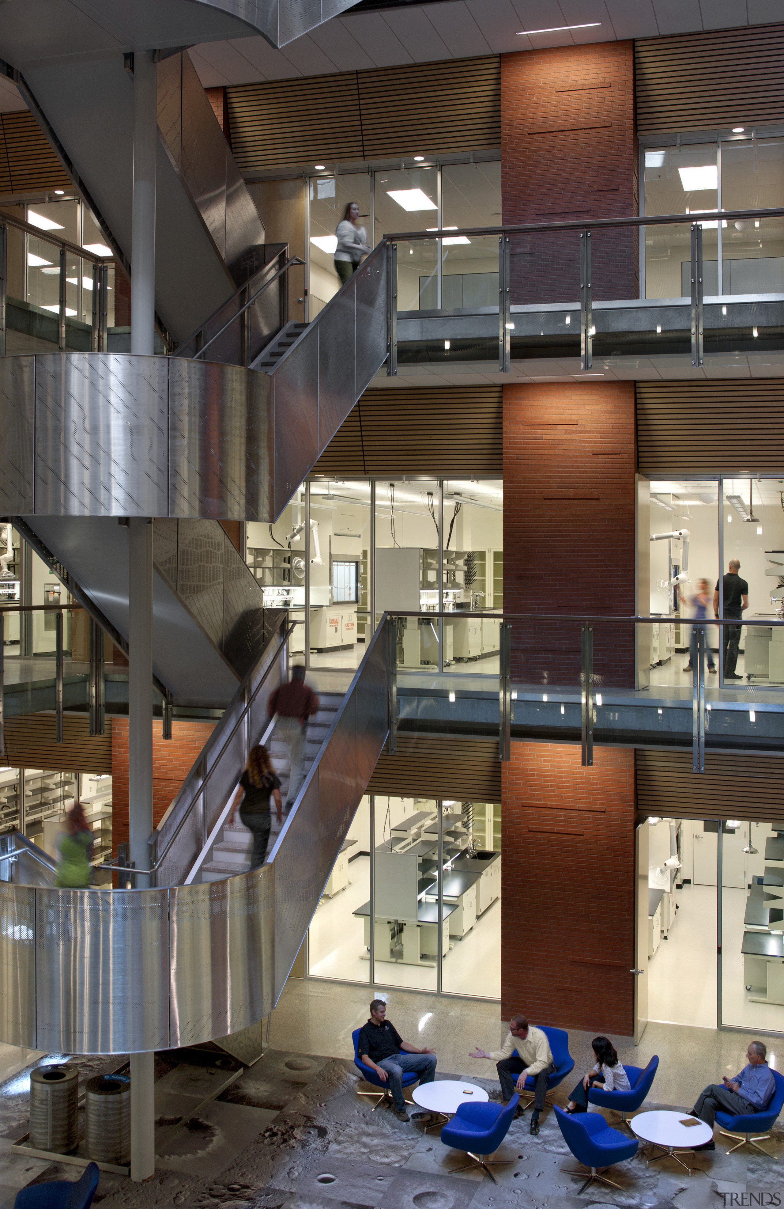 Arizona State University Interdisciplinary Science and Technology Building architecture, building, daylighting, interior design, lobby, stairs, brown