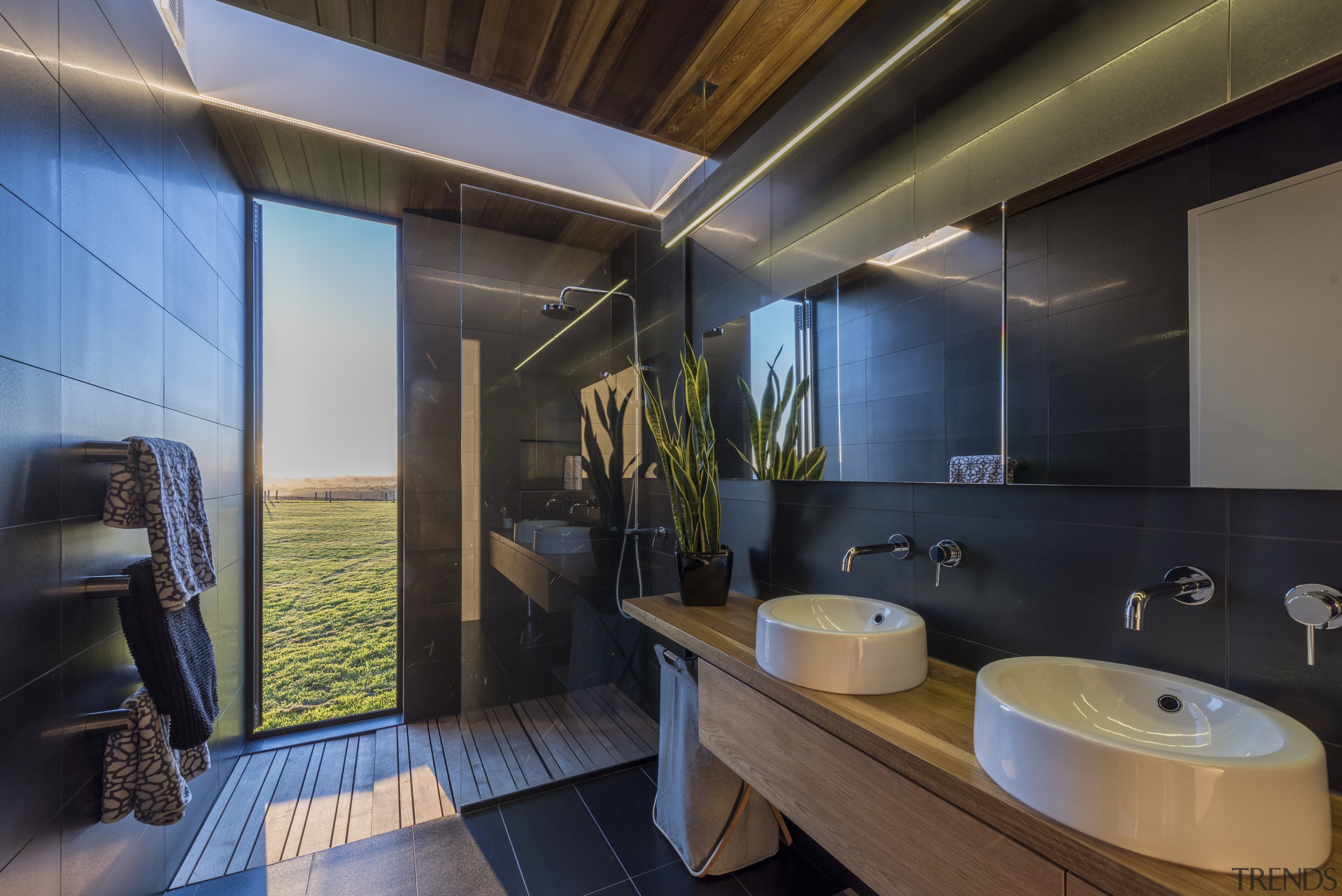 In a house with many vistas and framed architecture, bathroom, ceiling, interior design, real estate, room, black