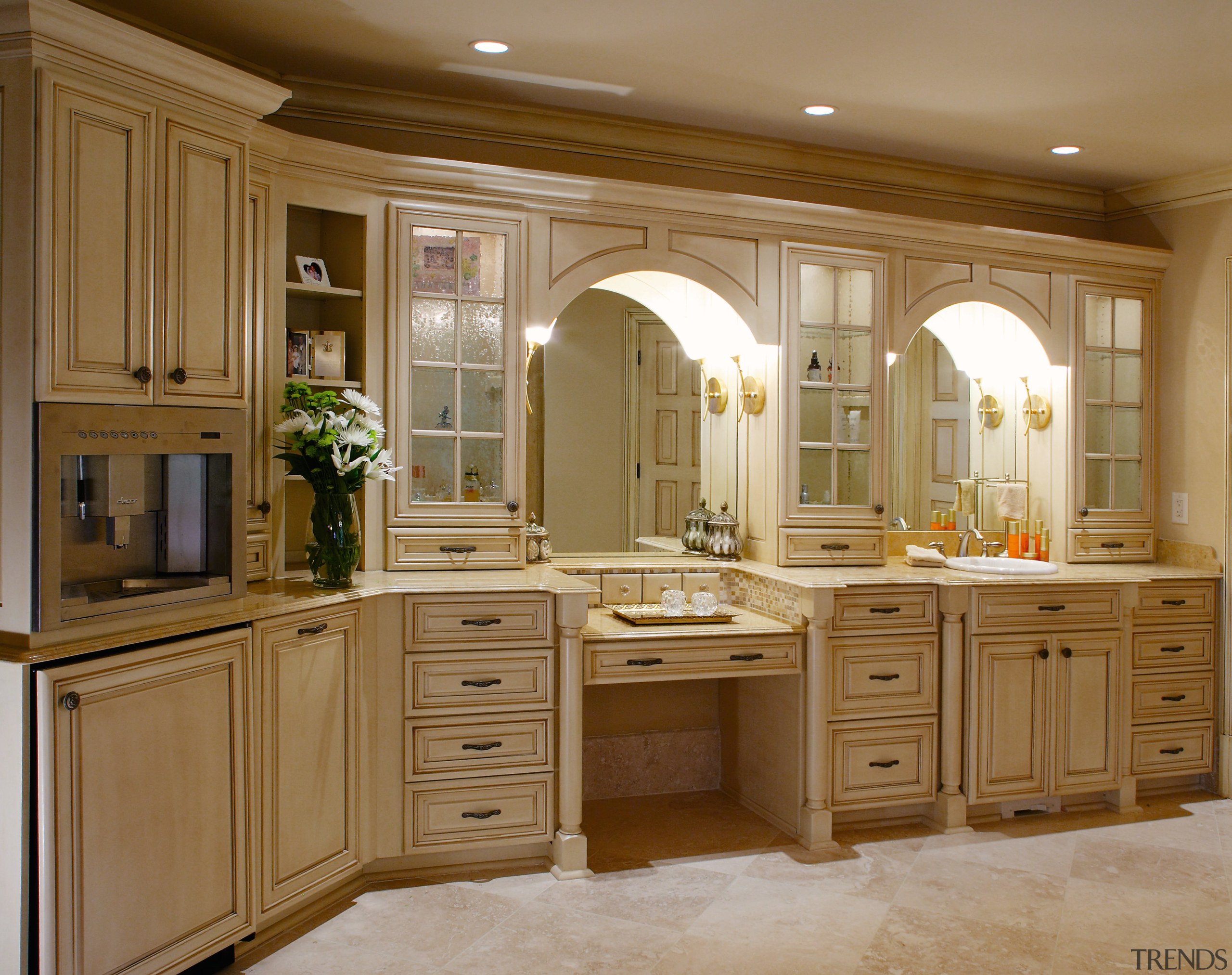 A view of a kitchen and bathroom by cabinetry, countertop, cuisine classique, furniture, interior design, kitchen, room, brown