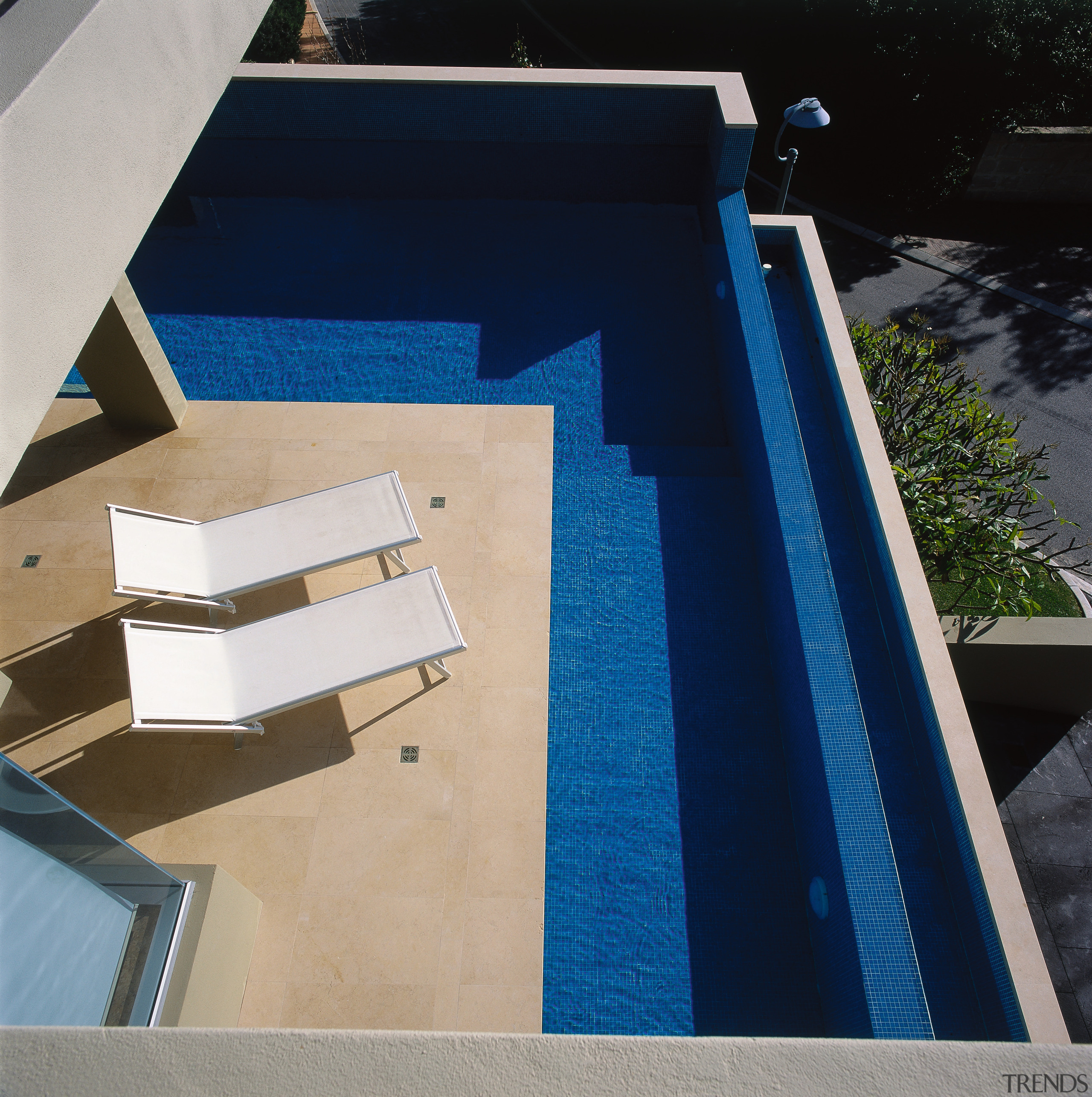 View of the pool area on balcony, with angle, architecture, daylighting, facade, floor, glass, house, line, property, roof, wood, gray, black