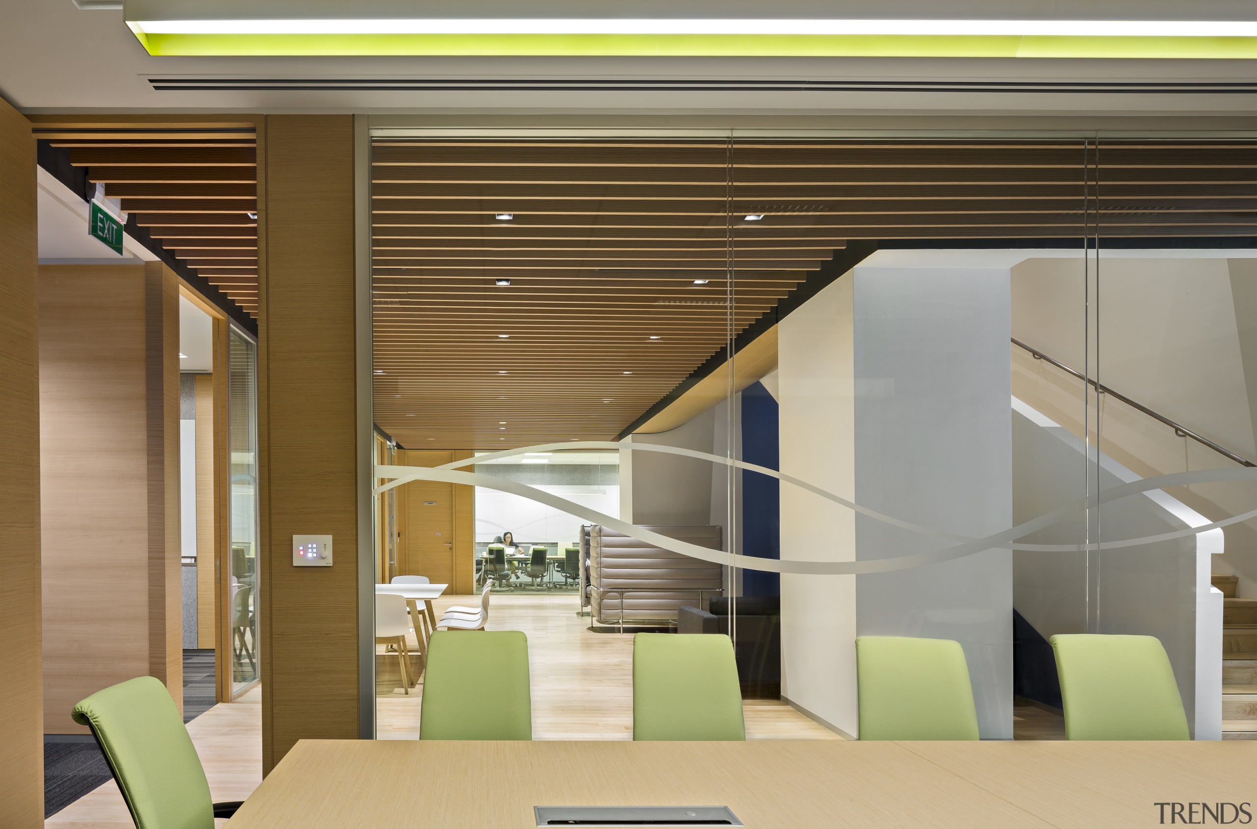 This conference room near the circulation stairs looks architecture, ceiling, daylighting, house, interior design, lobby, product design, real estate, gray, brown