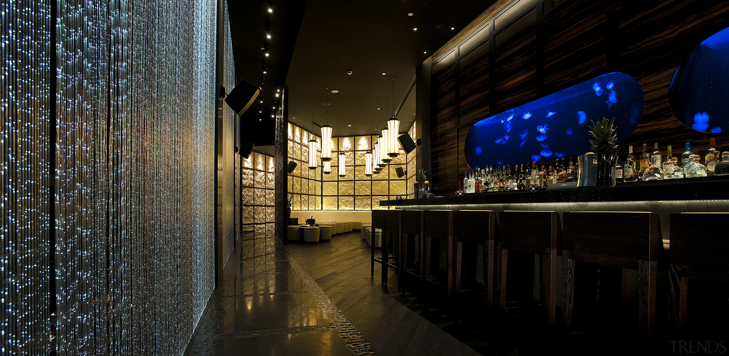 View of Okku Japanese Restaurant in the Monarch city, darkness, evening, light, lighting, metropolis, night, reflection, sky, water, black