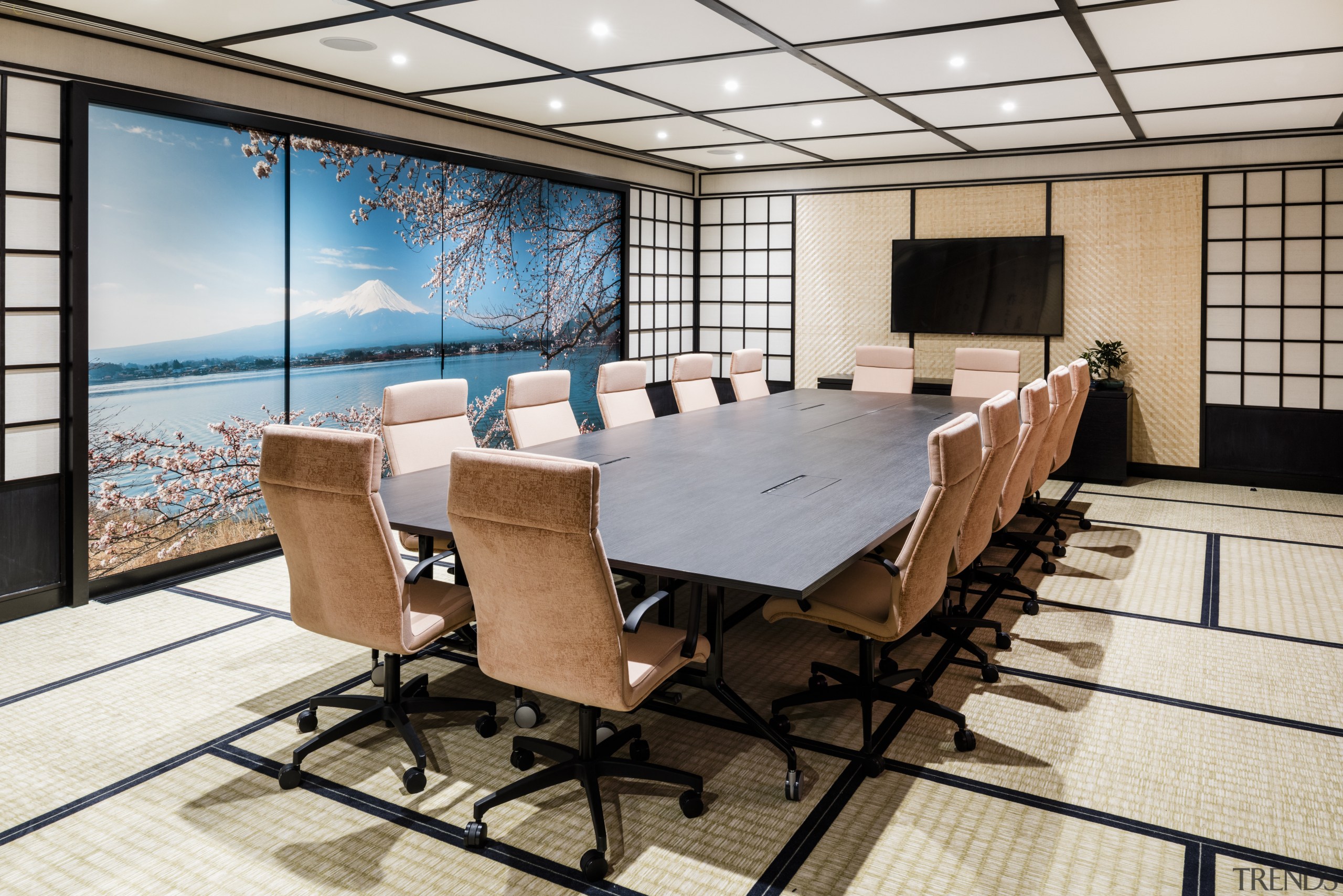Traditional Japanese panelling and flooring set the scene conference hall, furniture, interior design, table, white