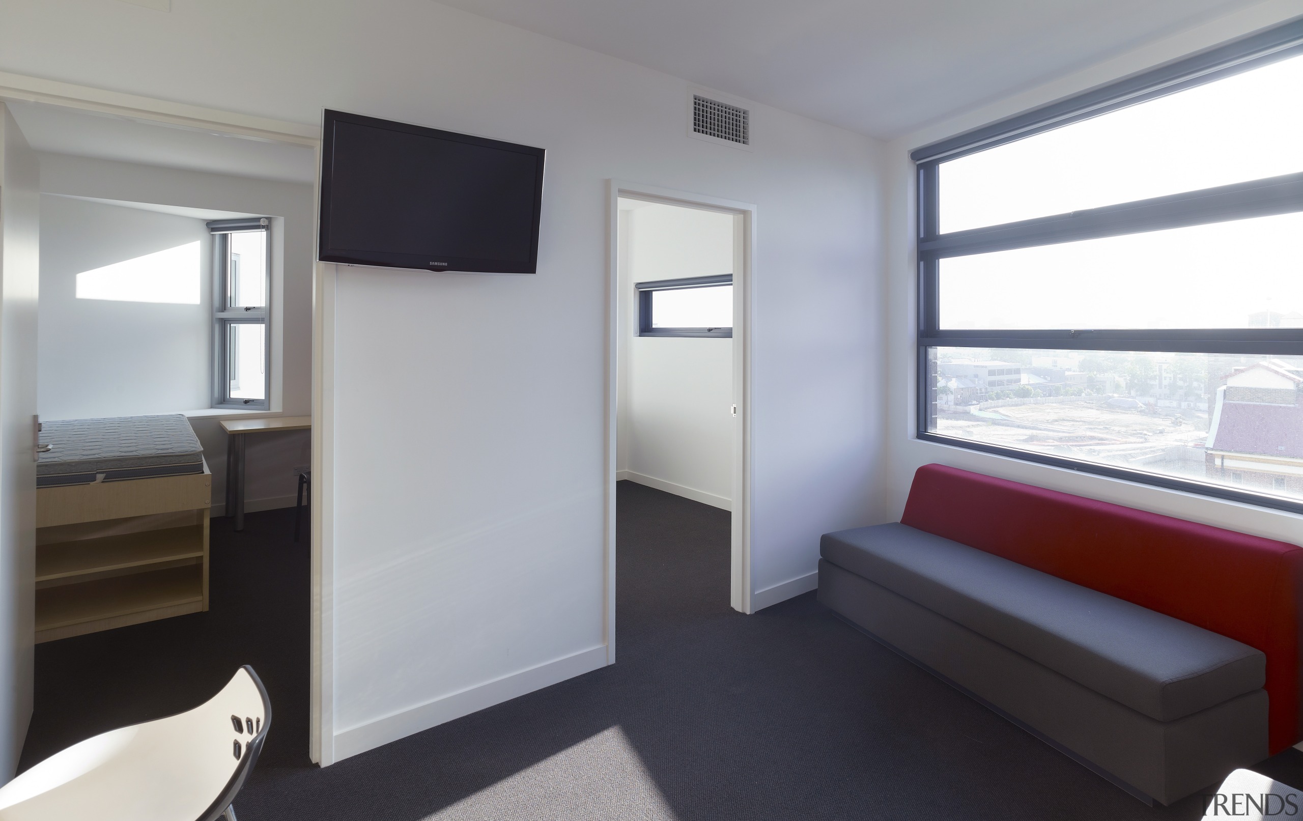 View of the Boston University student accommodation in home, interior design, property, real estate, room, window, gray