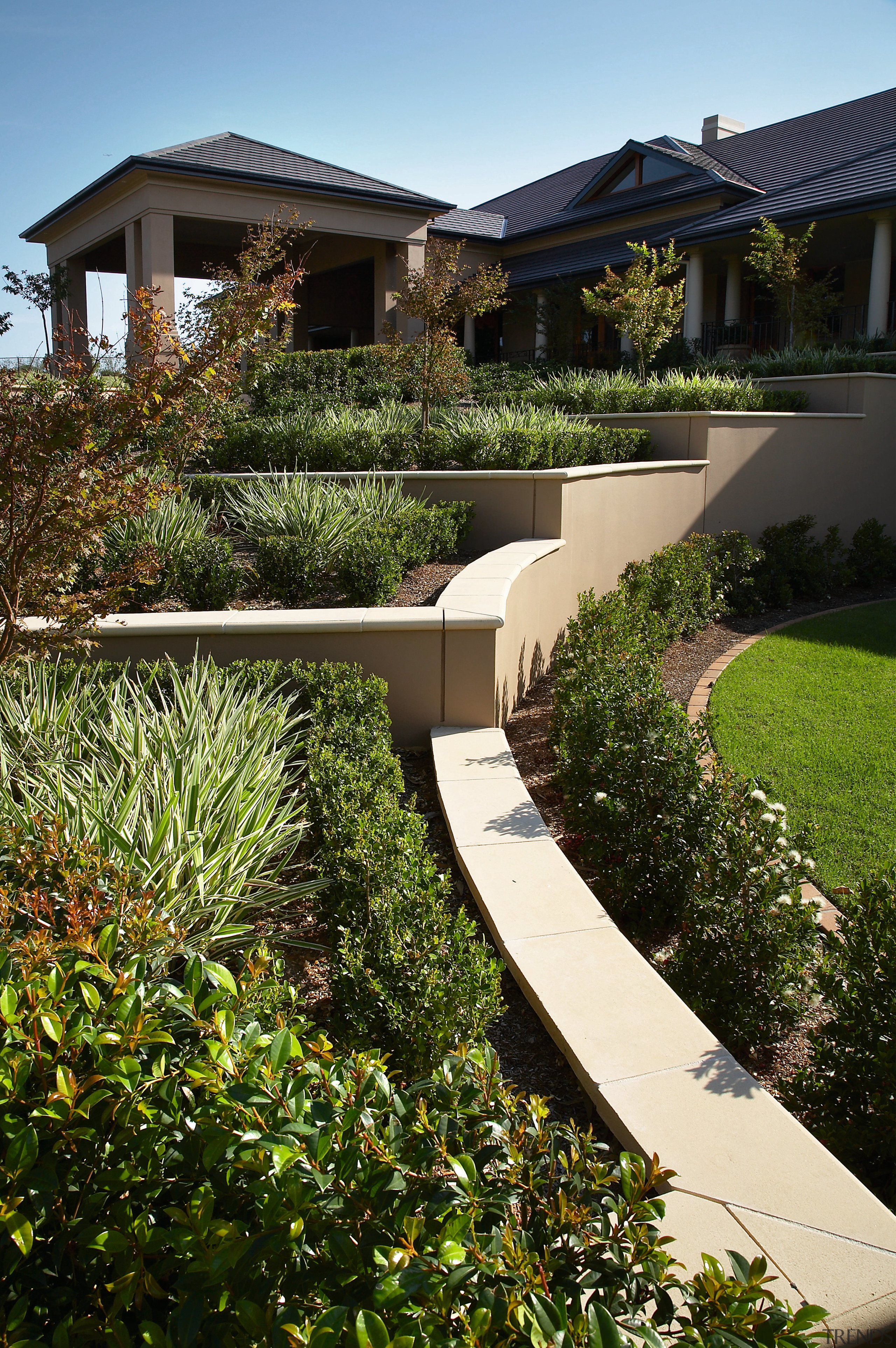 view of the plants and small trees  architecture, backyard, estate, facade, garden, grass, home, house, landscape, landscaping, outdoor structure, plant, property, real estate, residential area, villa, walkway, yard, brown