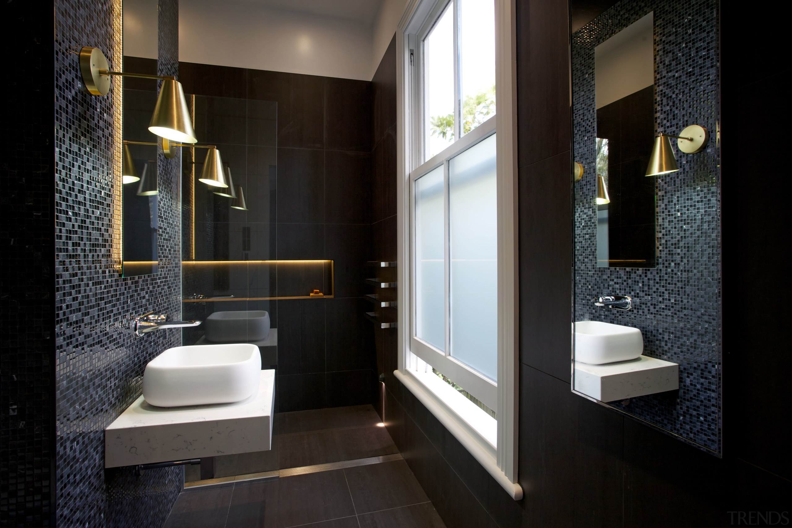 LED lights tucked behind the vanity mirror and architecture, bathroom, floor, interior design, room, black