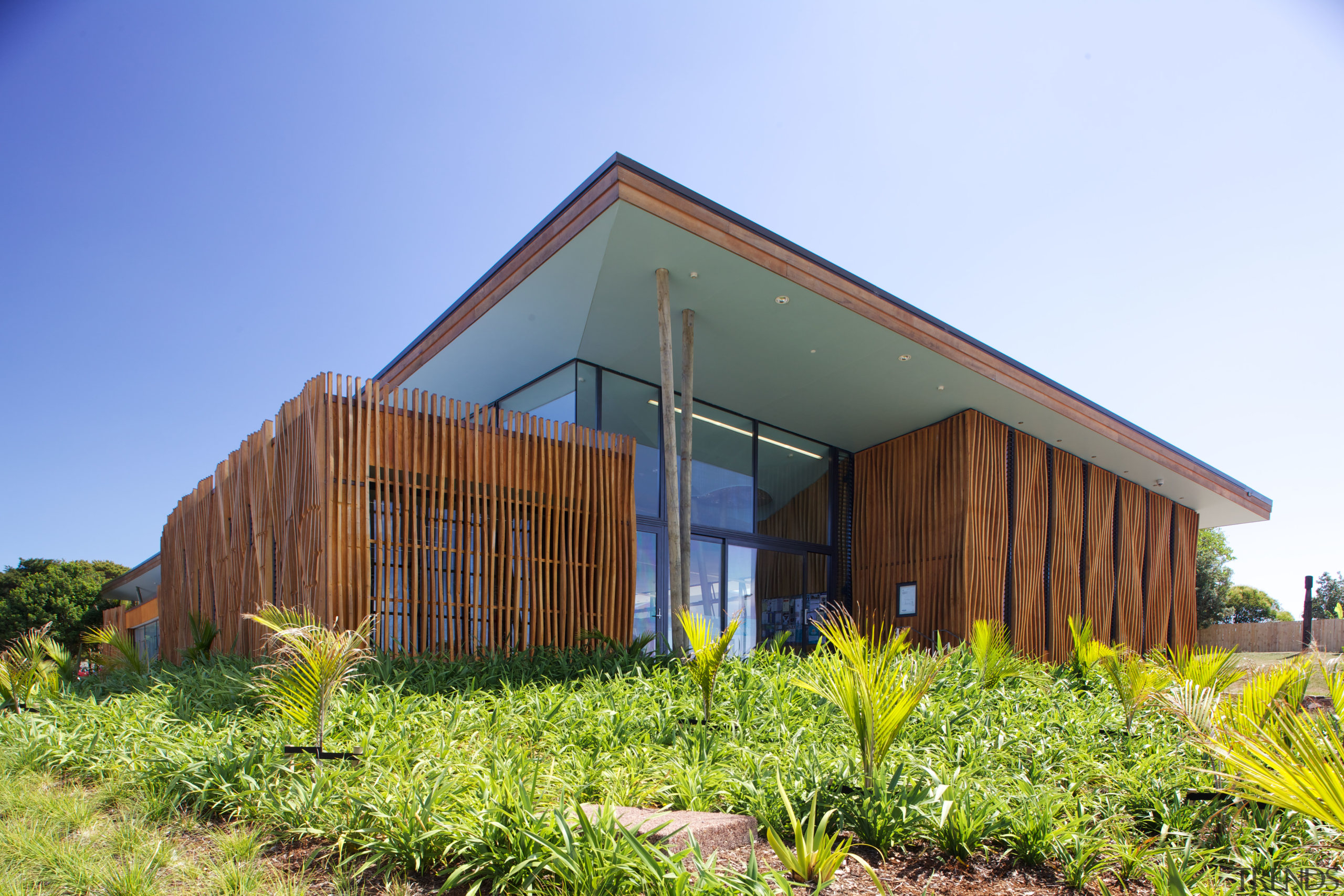 Landscaping  around the new Waiheke library, Waiheke architecture, cottage, facade, farmhouse, grass, home, house, hut, property, real estate, shed, sky, wood, teal