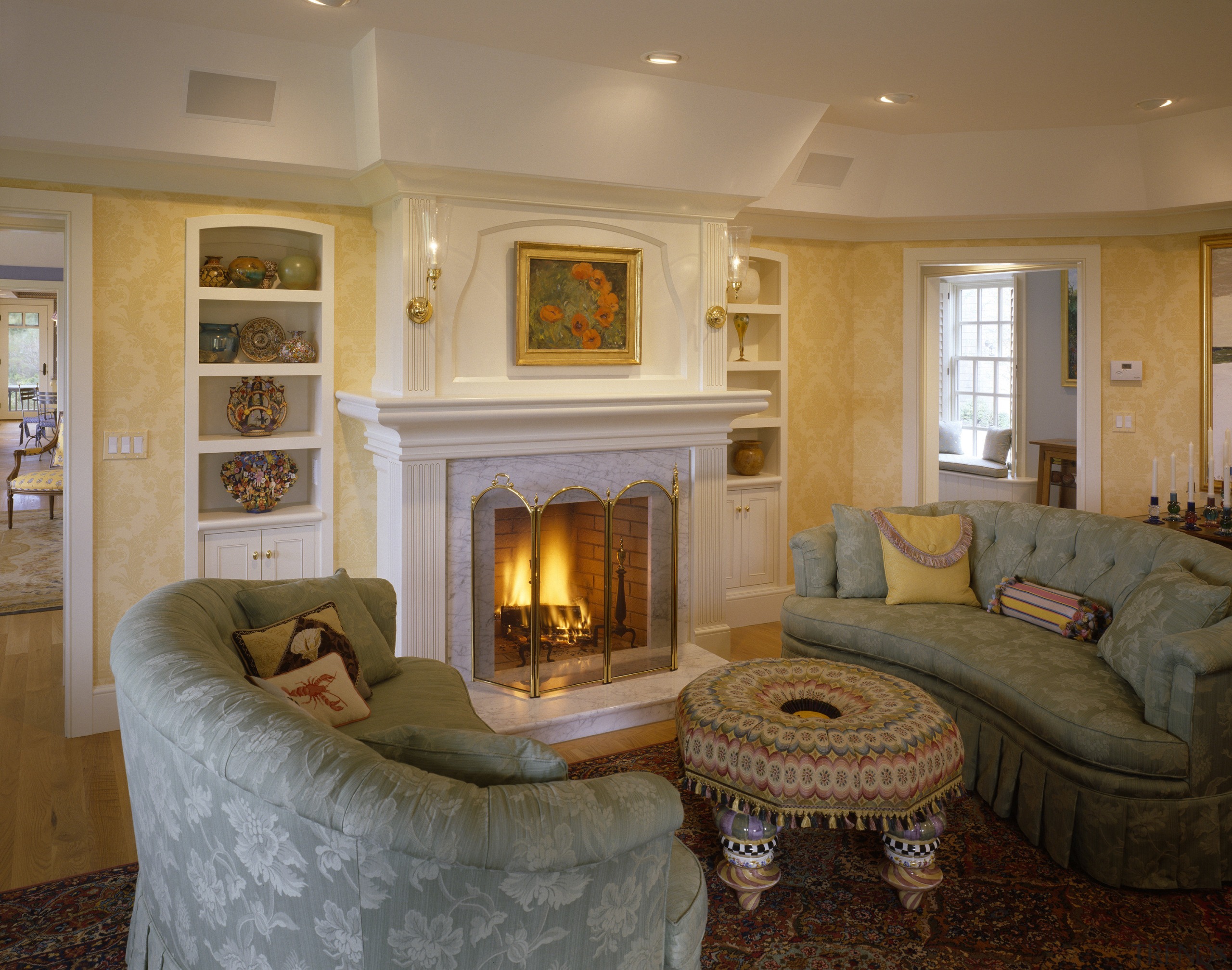 View of a living room which features a ceiling, estate, fireplace, flooring, hearth, home, interior design, living room, real estate, room, wall, wood burning stove, brown