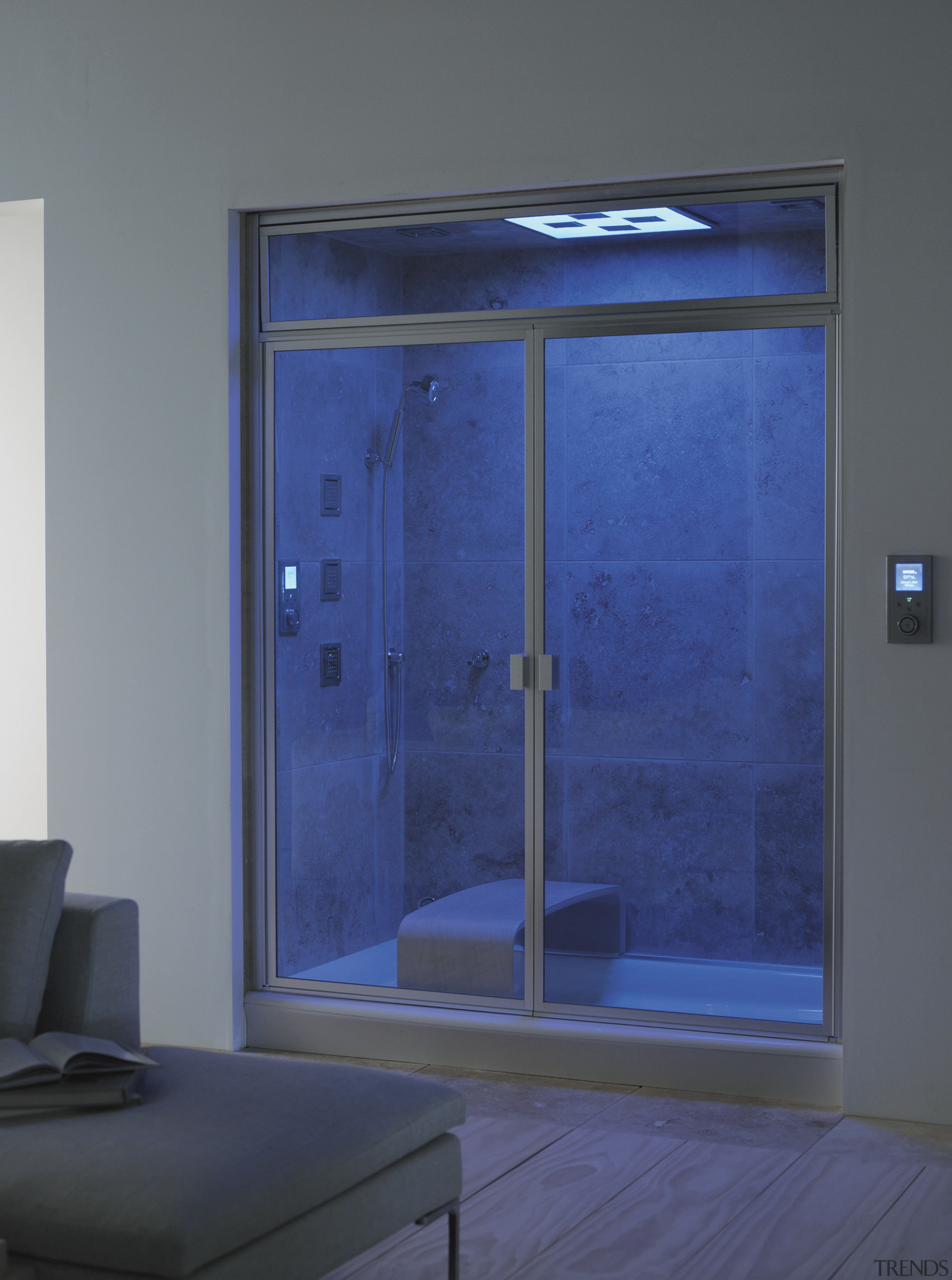 A view of these showers that feature the door, glass, interior design, plumbing fixture, window, blue, gray