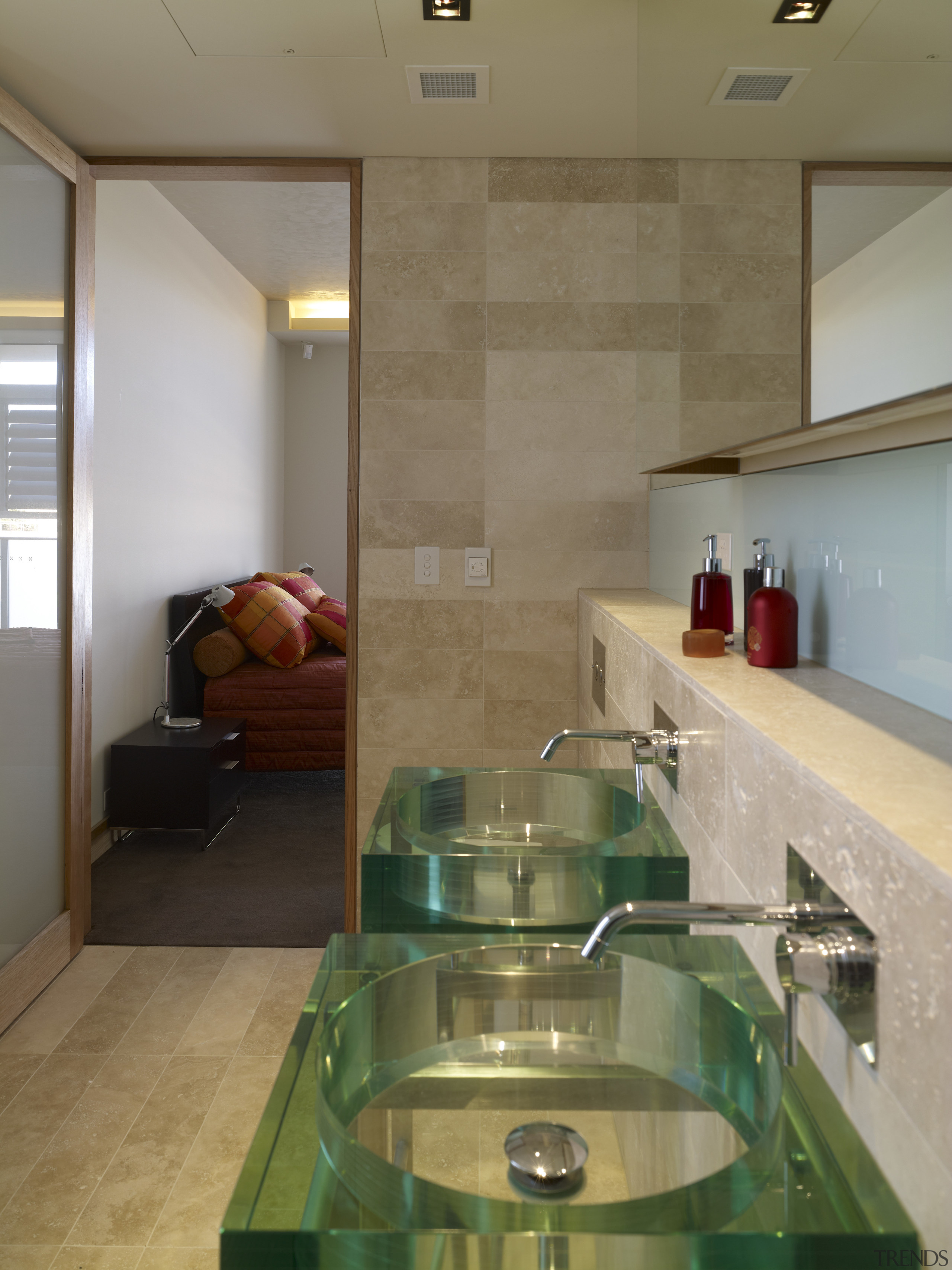 View of penthouse bathroom in restored historic building bathroom, countertop, floor, interior design, kitchen, room, sink, brown, gray