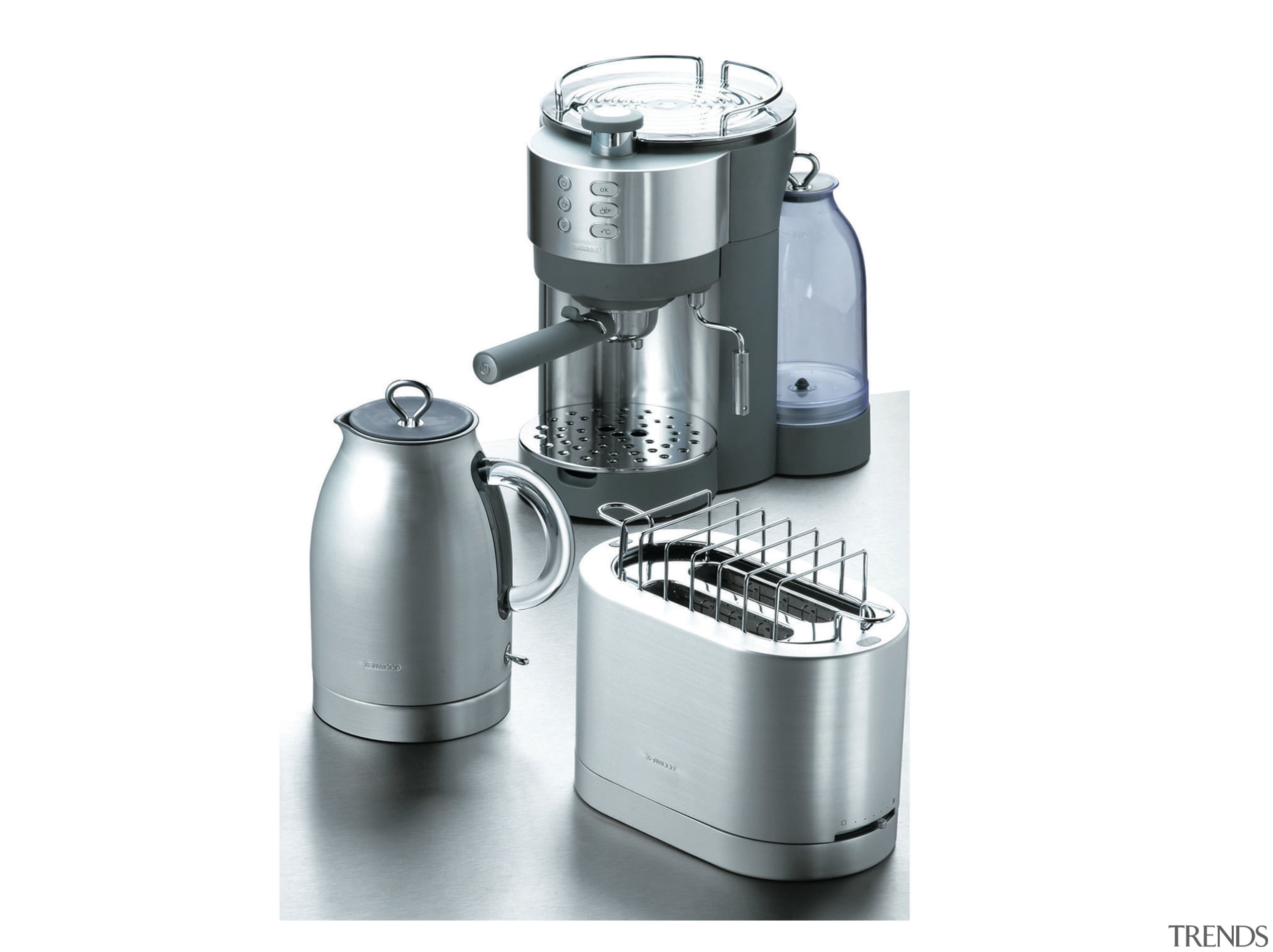 A view of some stainless steel appliances. - coffeemaker, espresso machine, food processor, home appliance, kitchen appliance, mixer, product, product design, small appliance, white