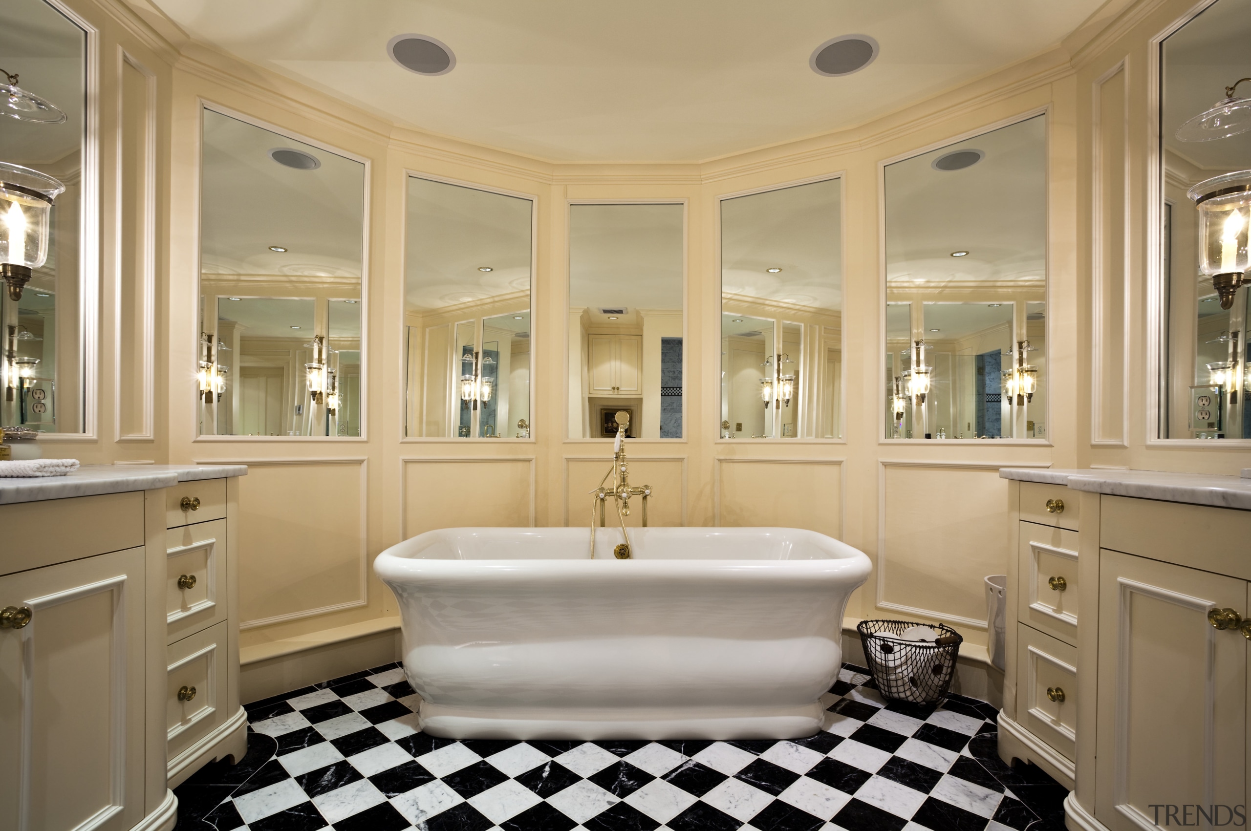 View of bathroom with checkerboard floor, white bathtub bathroom, cabinetry, countertop, estate, floor, home, interior design, real estate, room, window, orange, brown