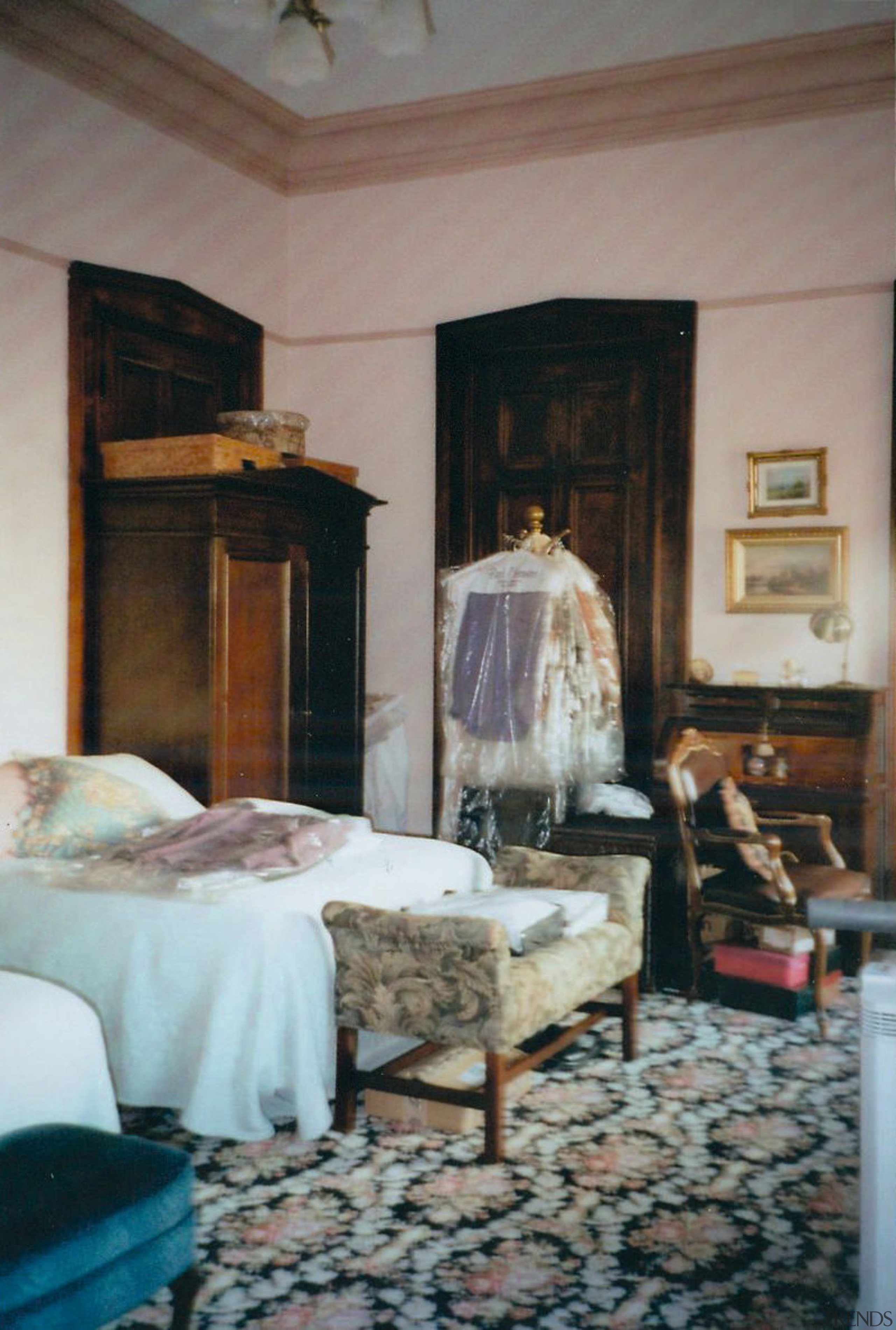 The master bedroom prior to the renovations. - bed, bedroom, furniture, home, house, interior design, living room, room, wall, window, gray, black