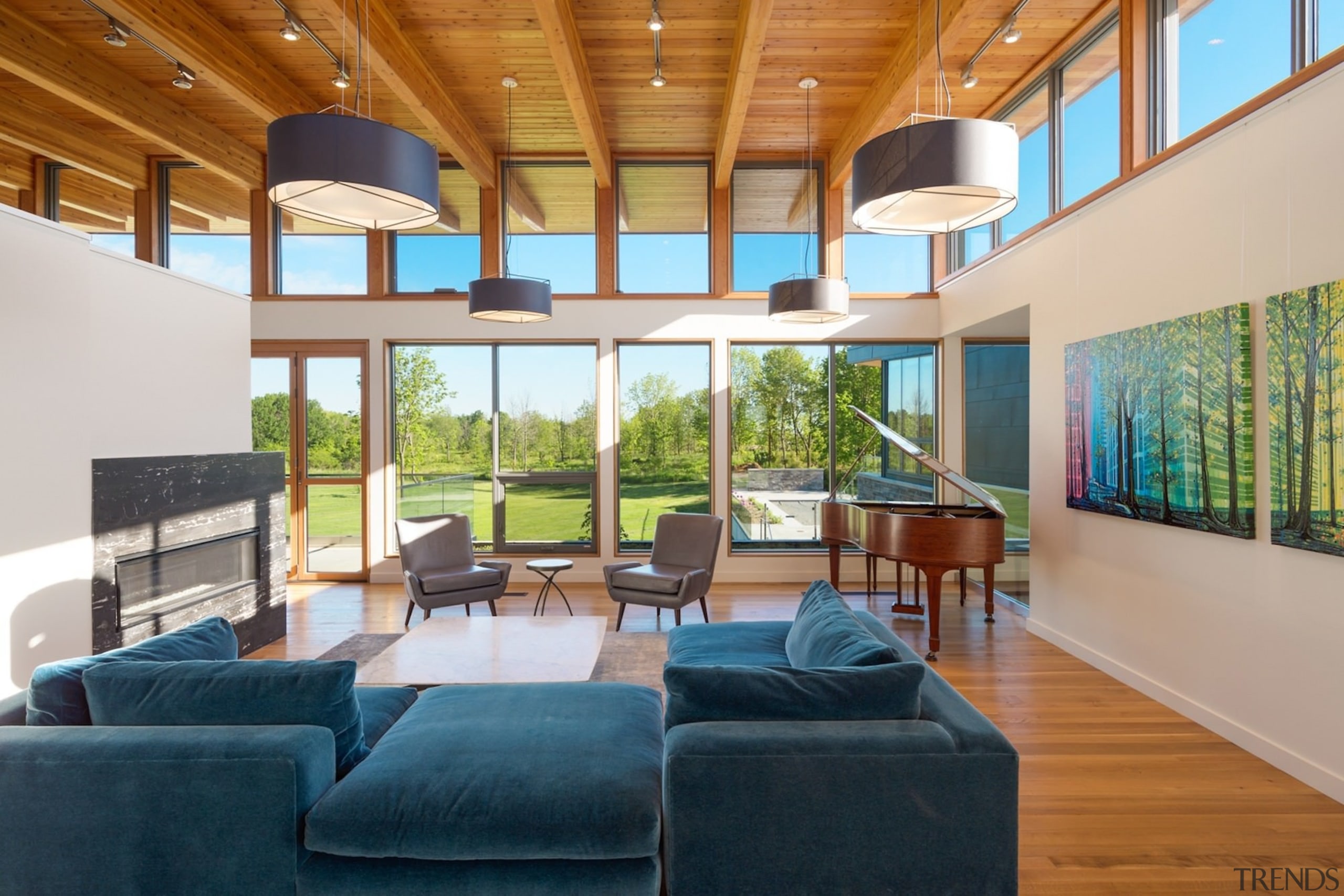 Clerestory windows wrap around the living room, while architecture, ceiling, daylighting, estate, house, interior design, living room, real estate, window, gray