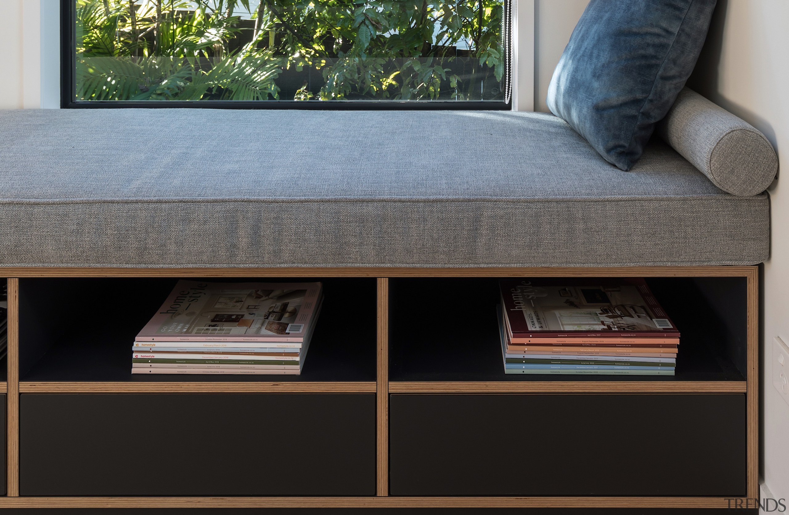 Casual window seating also provides casual storage beneath. 