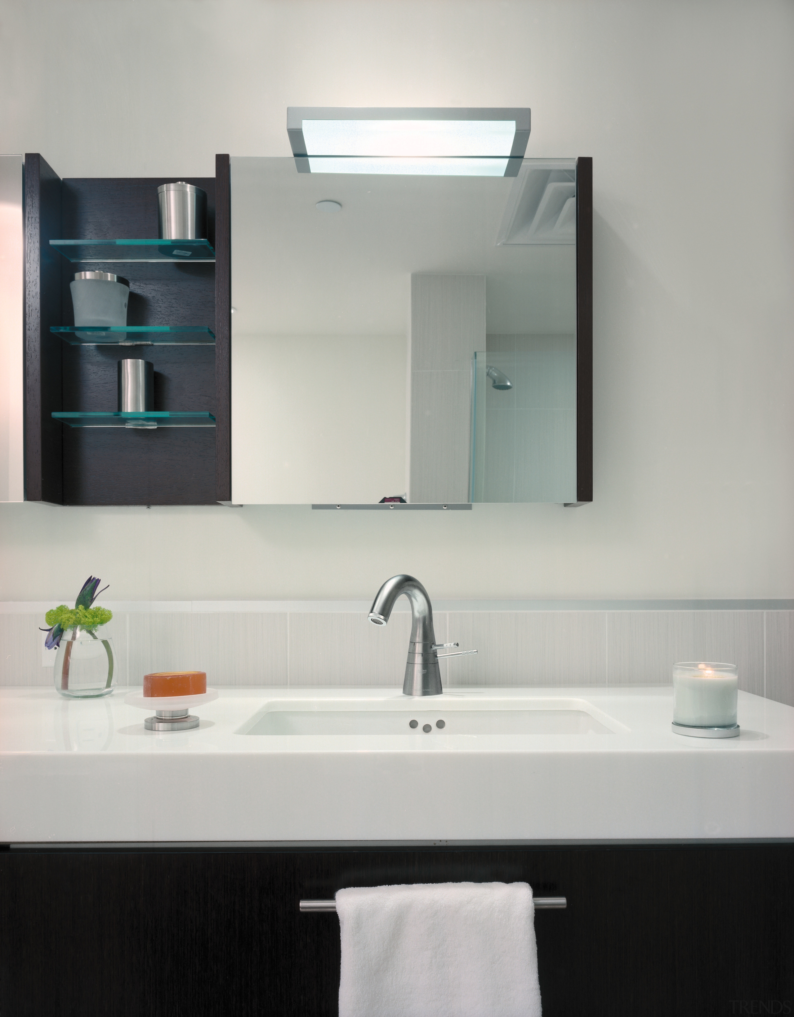 View of bathroom with white vanity top, and bathroom, bathroom accessory, bathroom cabinet, bathroom sink, glass, interior design, product design, sink, tap, gray